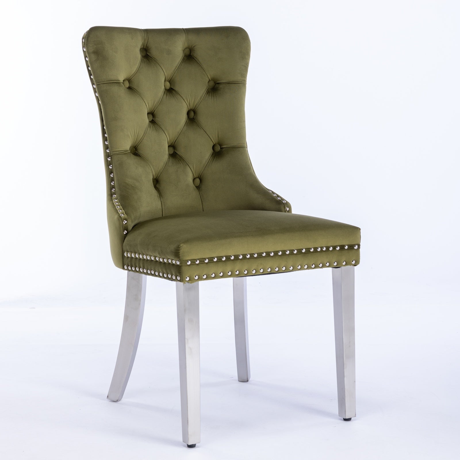 Nikki Collection Modern, High End Tufted Solid Wood Contemporary Velvet Upholstered Dining Chair With Chrome Stainless Steel Plating Legs,Nailhead Trim,Set Of 2,Olive Green And Chrome, Sw1701Ol Olive Green Dining Room American Design Rubberwood Foam