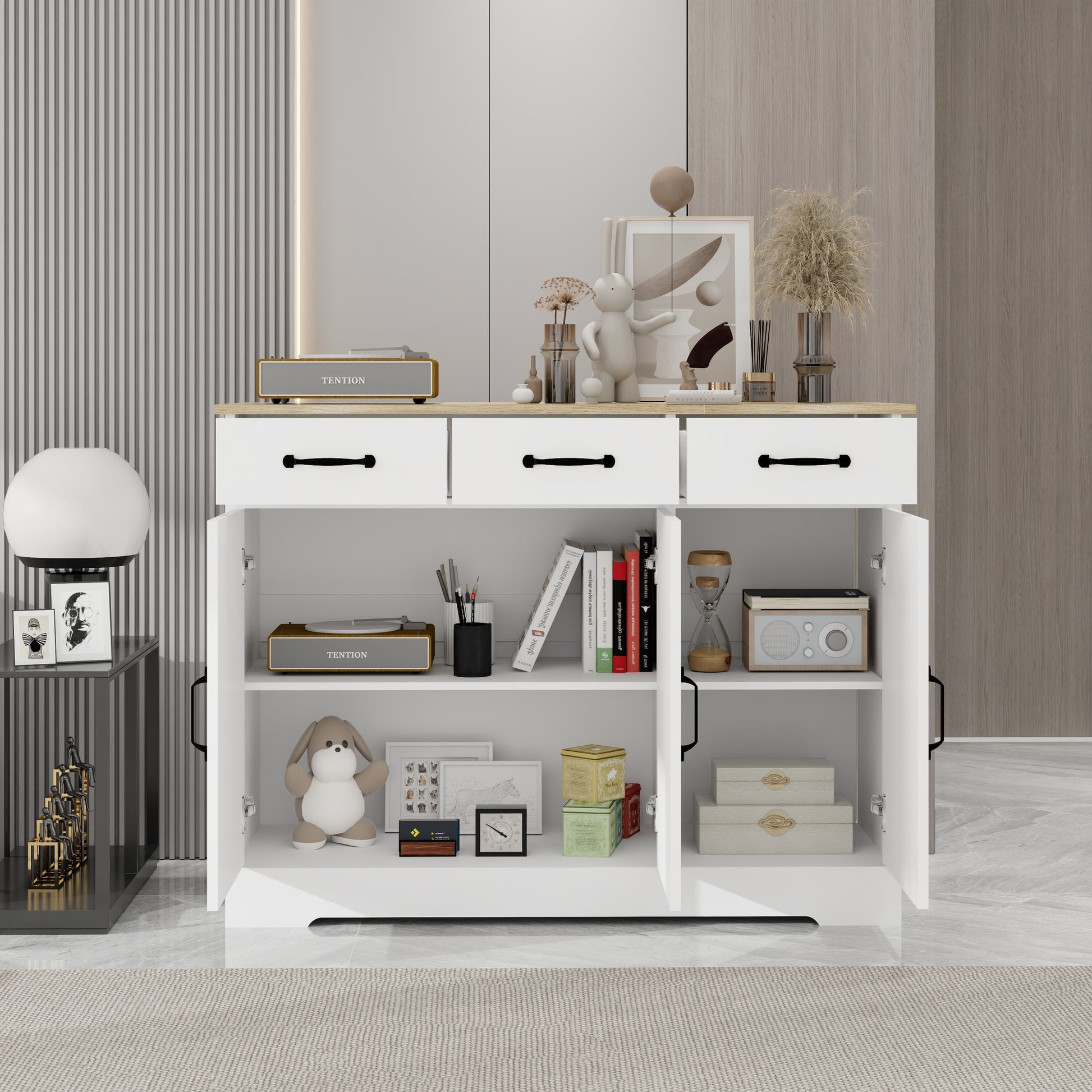 Farmhouse Buffet Cabinet Storage Sideboard With 3 Drawers And 3 Doors For Dining Living Room Kitchen Cupboard White White Mdf