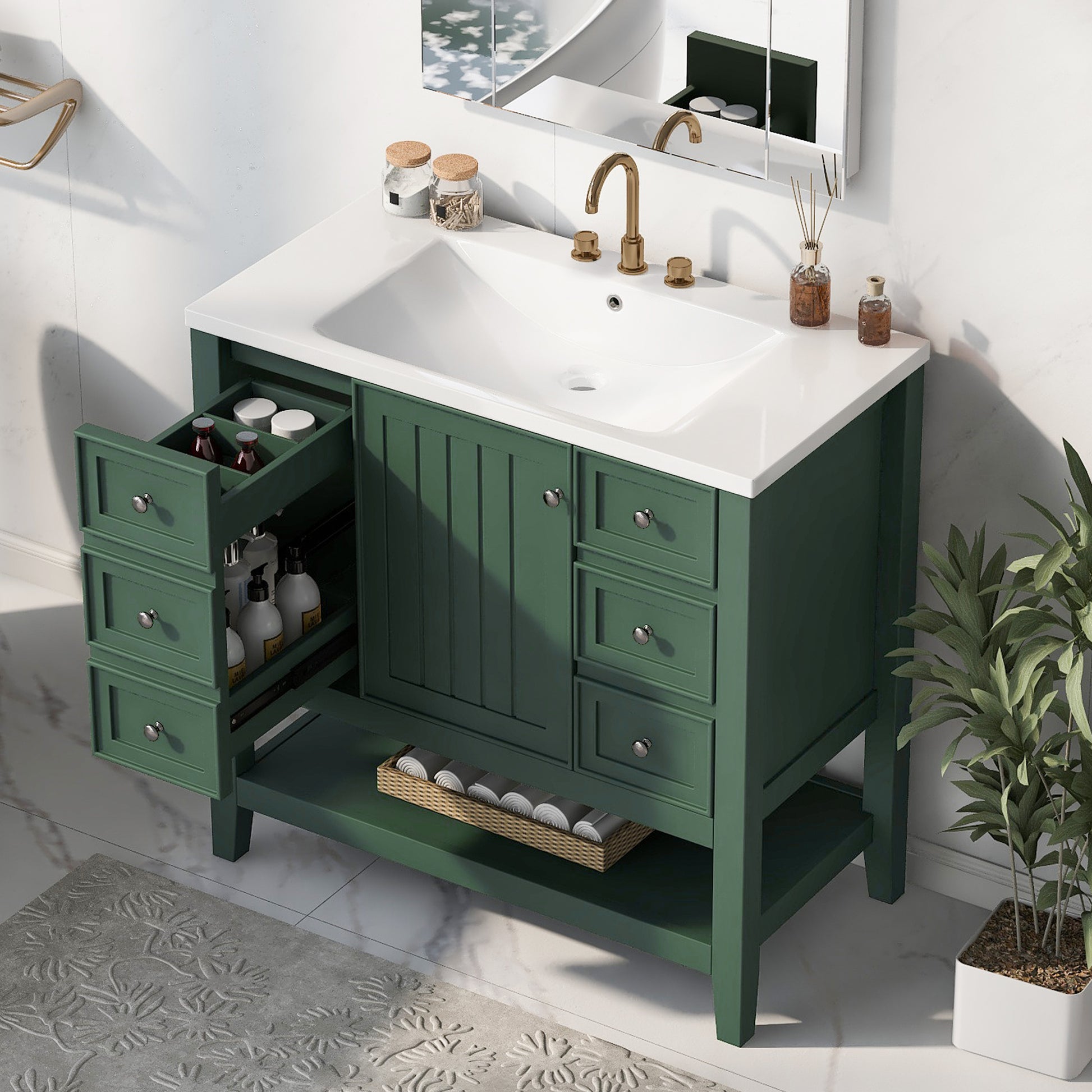 36" Bathroom Vanity With Sink Combo, One Cabinet And Three Drawers, Solid Wood And Mdf Board, Green Green Solid Wood Mdf