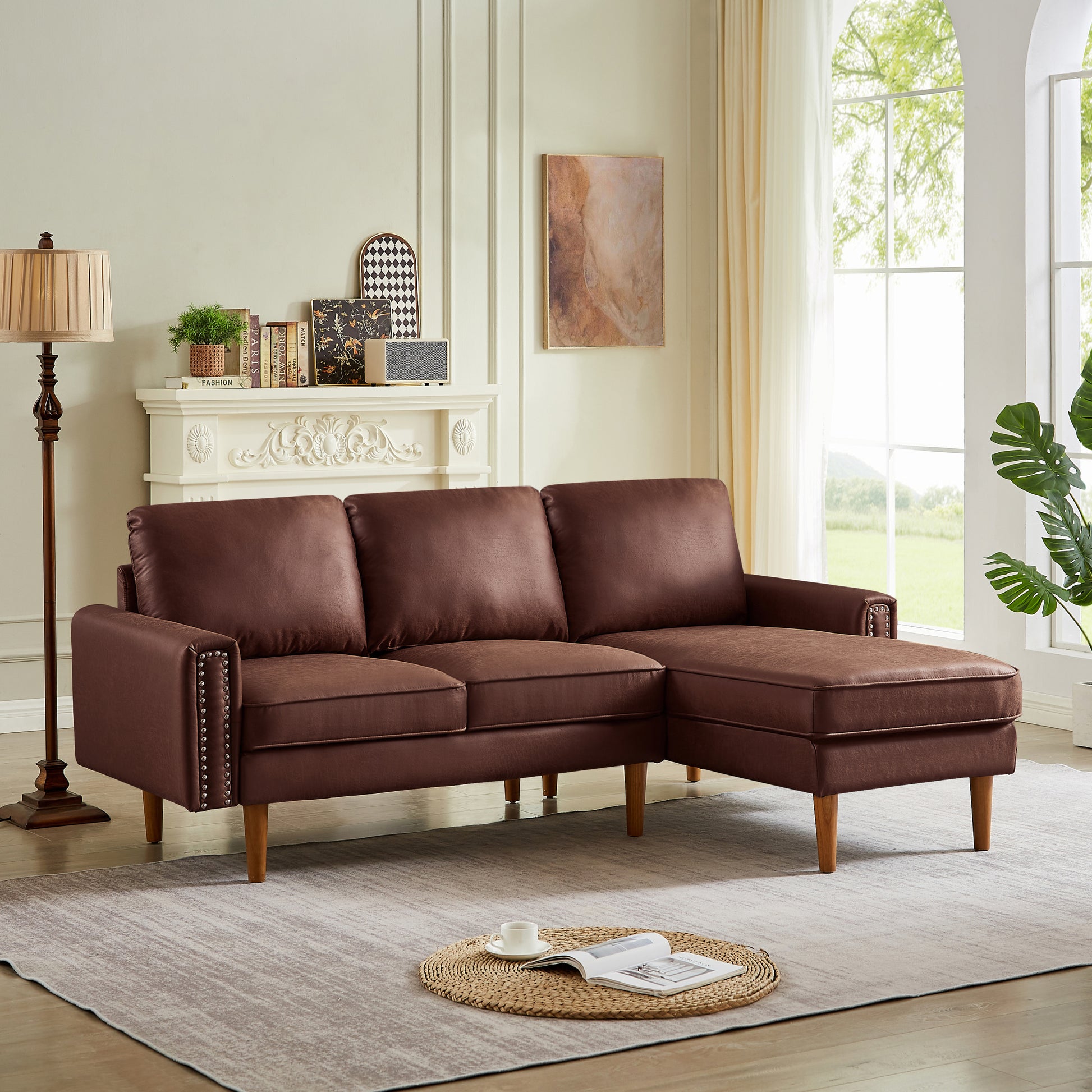 82.2"L Shape Sofa Couch With Chais Mid Century Copper Nail On Arms,Strong Wooden Leg And Suede Fabric Design That Will Complement Any Living Space.Right Chaise,Dark Brown Dark Brown Tech Cloth