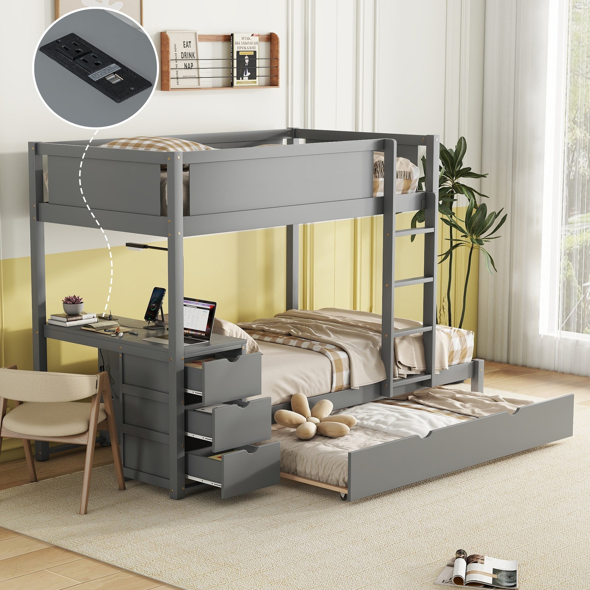 Twin Over Twin Bunk Bed With Twin Size Trundle, Storage And Desk, Gray Gray Solid Wood