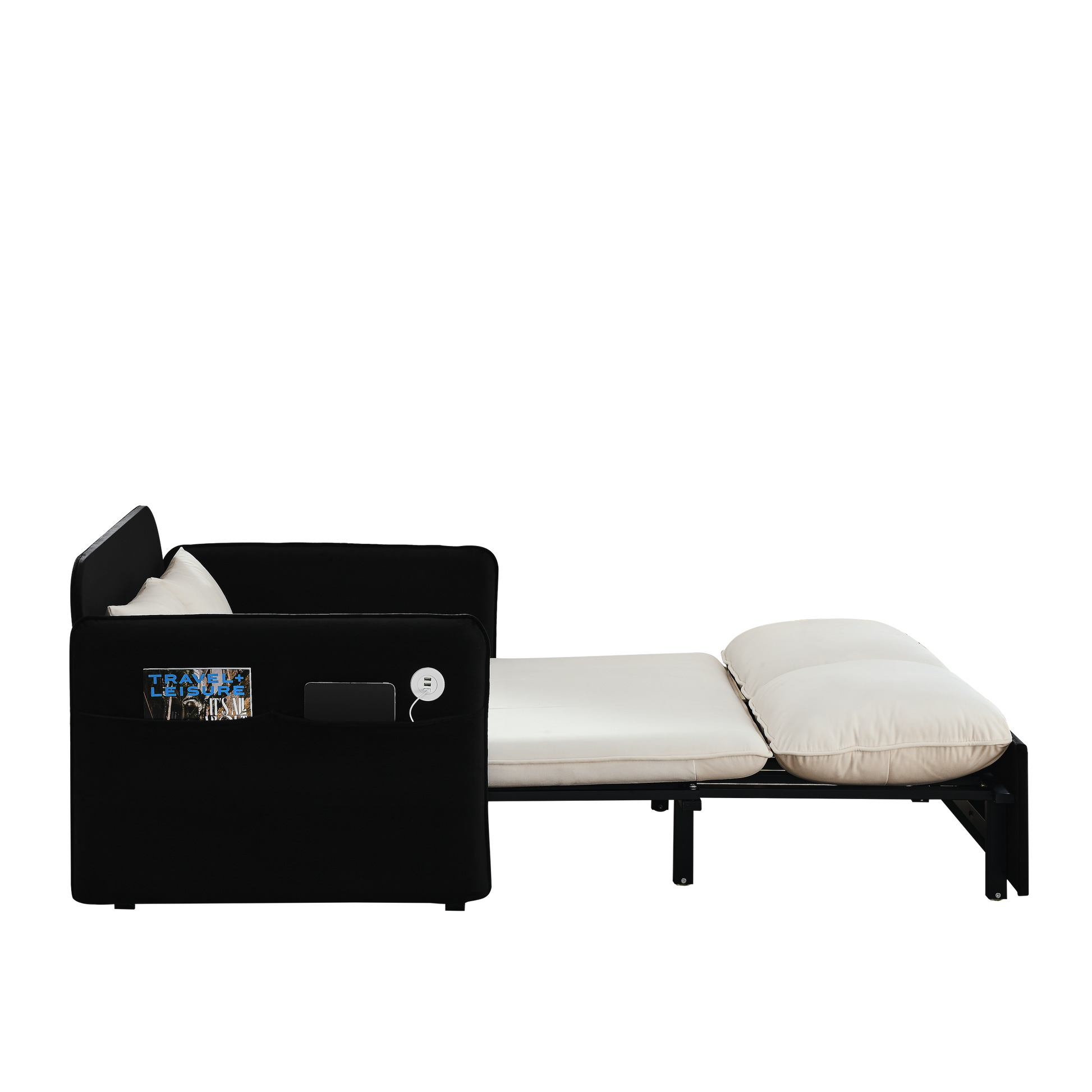 53" Modern Convertible Sofa Bed W 2 Removable Armrests W Usb Power Port, Velvet Recliner Adjustable Sofa W Head Pull Out Bed, 2 Pillows, For Living Room Apartment Etc., White Black Beige Black Foam Velvet