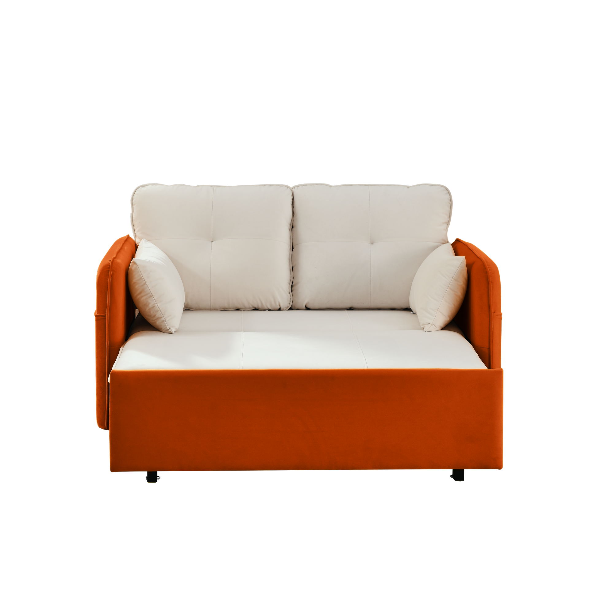 53" Modern Convertible Sofa Bed W 2 Removable Armrests W Usb Power Port, Velvet Recliner Adjustable Sofa W Head Pull Out Bed, 2 Pillows, For Living Room Apartment Etc., White Orange Beige Foam Velvet