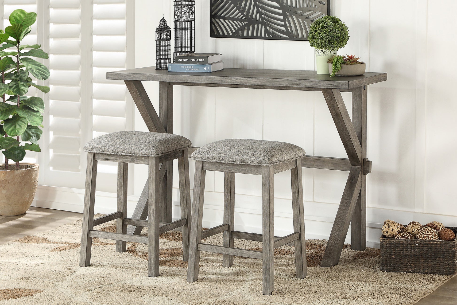 3 Piece Pack Counter Height Set Table And 2 Barstools Upholstered Seat Gray Finish Dining Kitchen Furniture Wood Gray Seats 2 Wood Kitchen 60 Inches Rectangular Wood