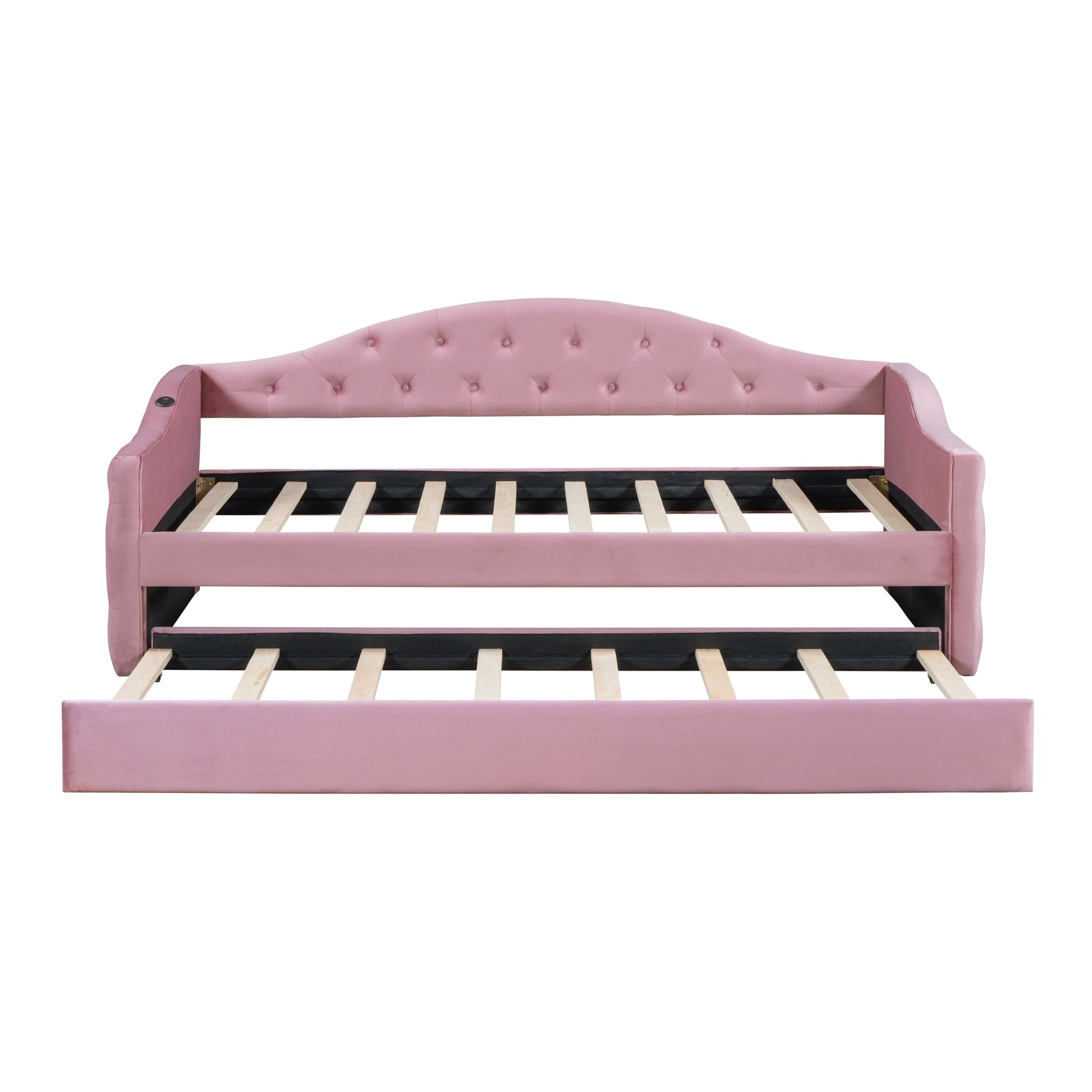 Twin Size Tufted Upholstered Daybed With Trundle ,Velvet Sofabed With Usb&Type C Charging Ports,No Box Spring Needed, Pink Pink Velvet