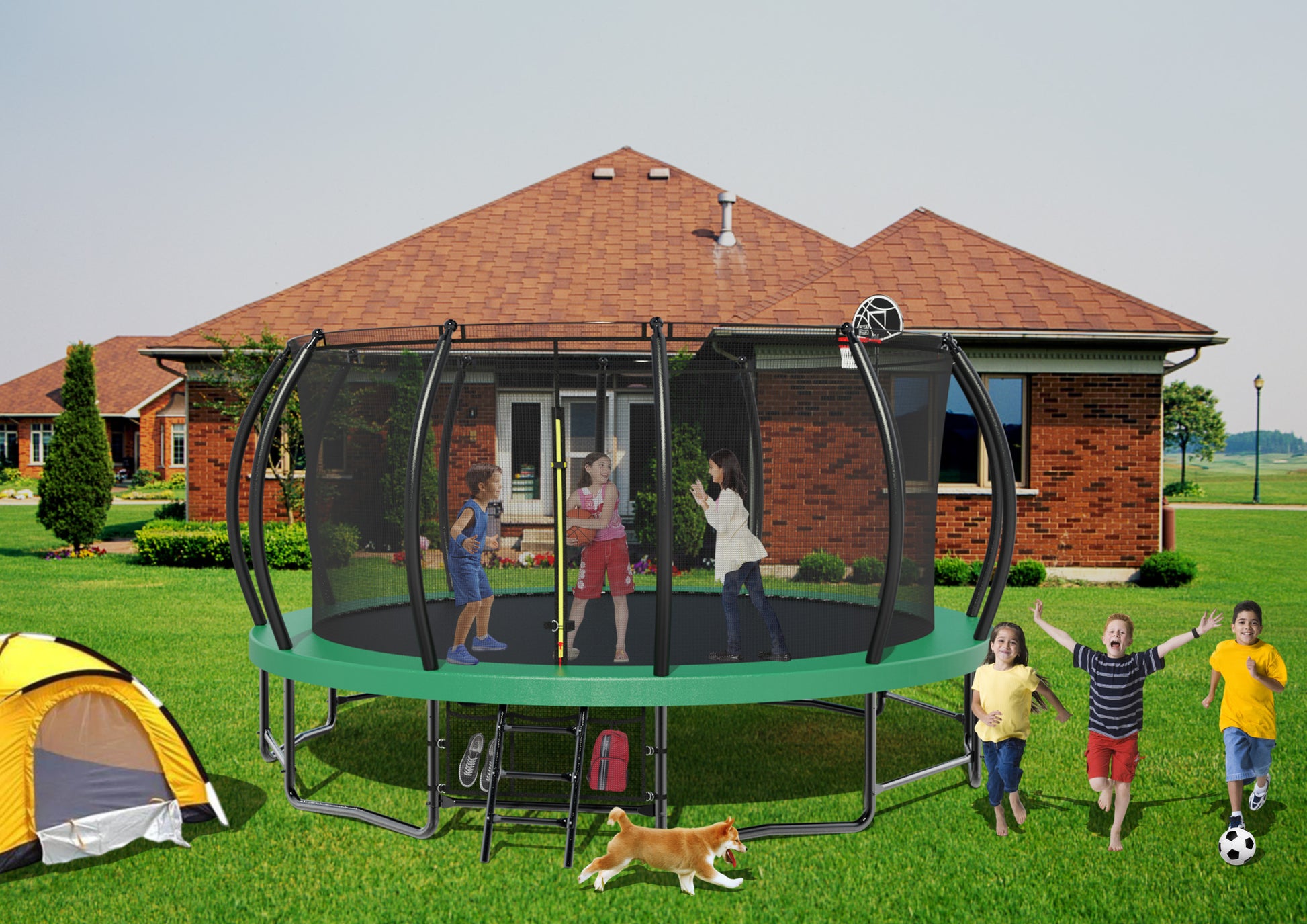 15Ft Trampoline With Basketball Hoop Recreational Trampolines With Ladder ,Shoe Bag And Galvanized Anti Rust Coating Army Green Steel