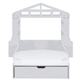 Twin Size House Bed With Bench, Socket And Shelves, White White Solid Wood Mdf