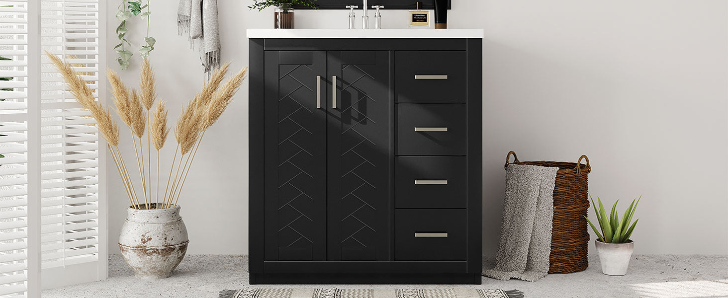 30'' Bathroom Vanity With Resin Sink Combo,Solid Wood Frame Bathroom Storage Cabinet, Freestanding Vanity Set With 3 Drawers& Soft Closing Doors 2 Black 2 1 Adjustable Hinges Bathroom Freestanding Solid Wood Mdf Resin Painted