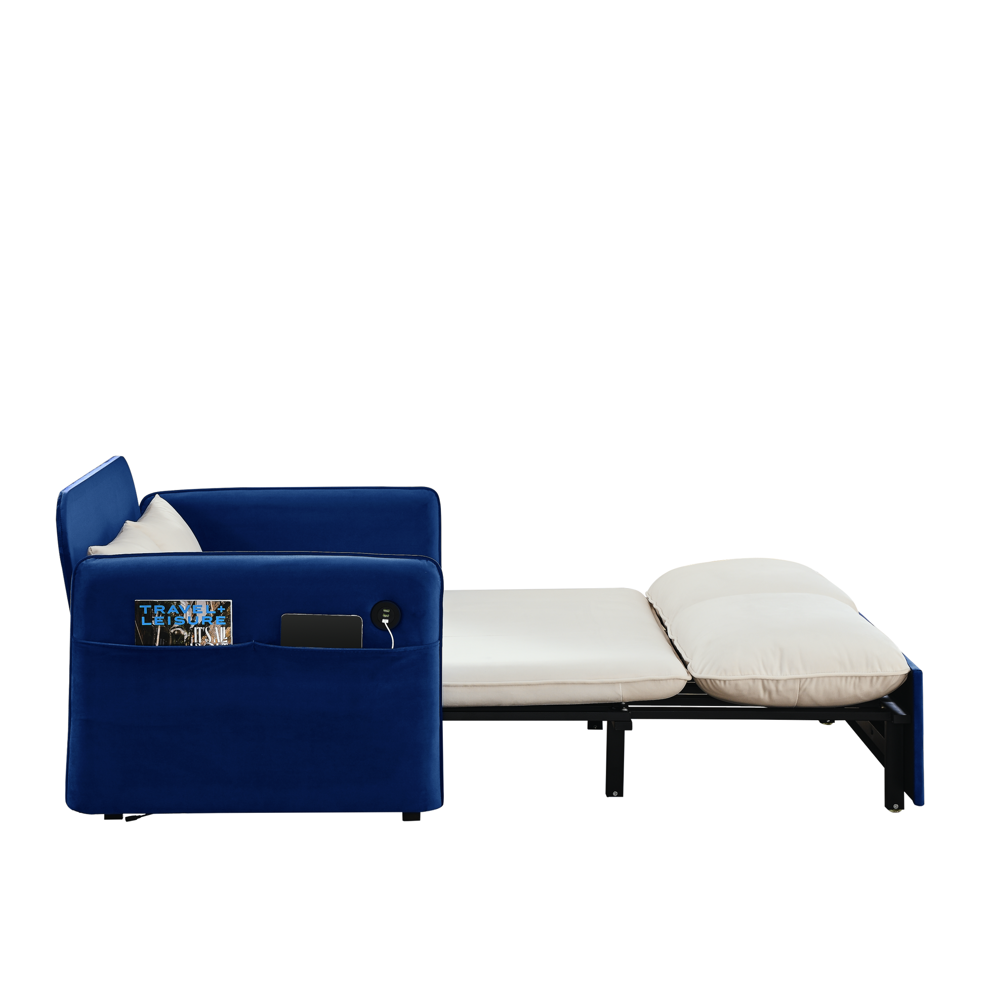53" Modern Convertible Sofa Bed W 2 Removable Armrests W Usb Power Port, Velvet Recliner Adjustable Sofa W Head Pull Out Bed, 2 Pillows, For Living Room Apartment Etc., White Blue Beige Blue Foam Velvet