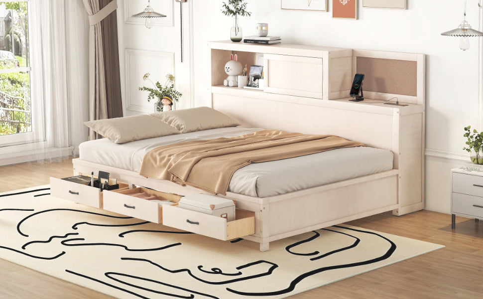 Full Size Wooden Daybed With 3 Storage Drawers, Upper Soft Board, Shelf, And A Set Of Sockets And Usb Ports, White White Solid Wood Mdf