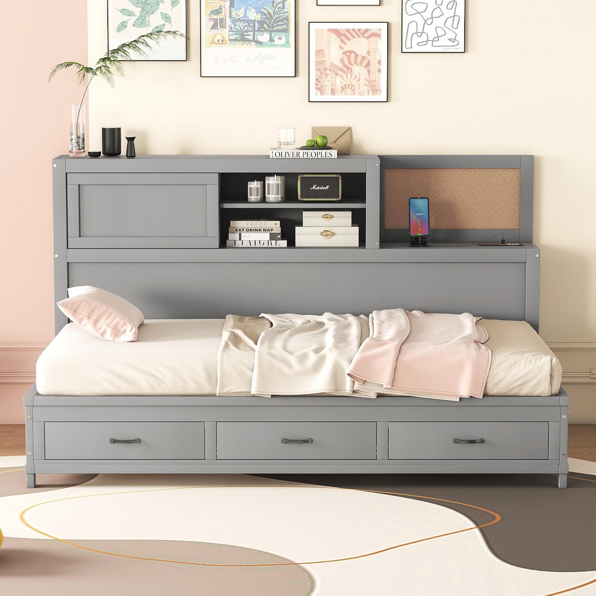 Twin Size Wooden Daybed With 3 Storage Drawers, Upper Soft Board, Shelf, And A Set Of Sockets And Usb Ports, Gray Gray Solid Wood Mdf