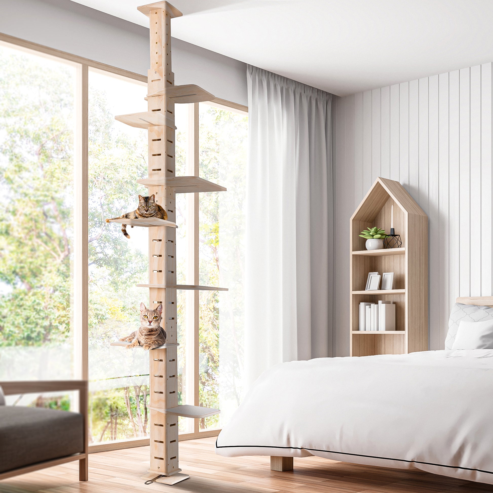 9' Adjustable Height Floor To Ceiling Cat Tree, Multi Level Cat Vertical Cat Condo, Cat Climbing Frame Activity Center With Perching Shelves For Indoor Cats, Natural Natural Wood
