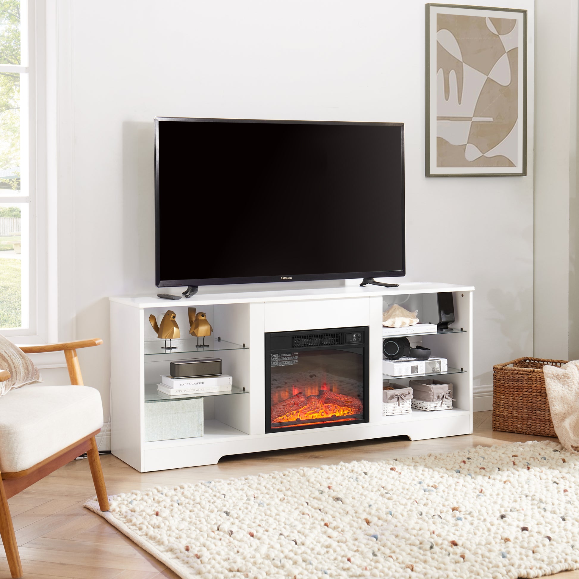 Tv Stand Electric Fireplace Tv Stand With Glass Shelves, 3D Fireplace Tv Stand With Led Lights Wood With Usb Charging Outlet Modern Television Table Center For Tv Up To 32 62" White 58''W*15.5''D*24.4 White 50 59 Inches Mdf