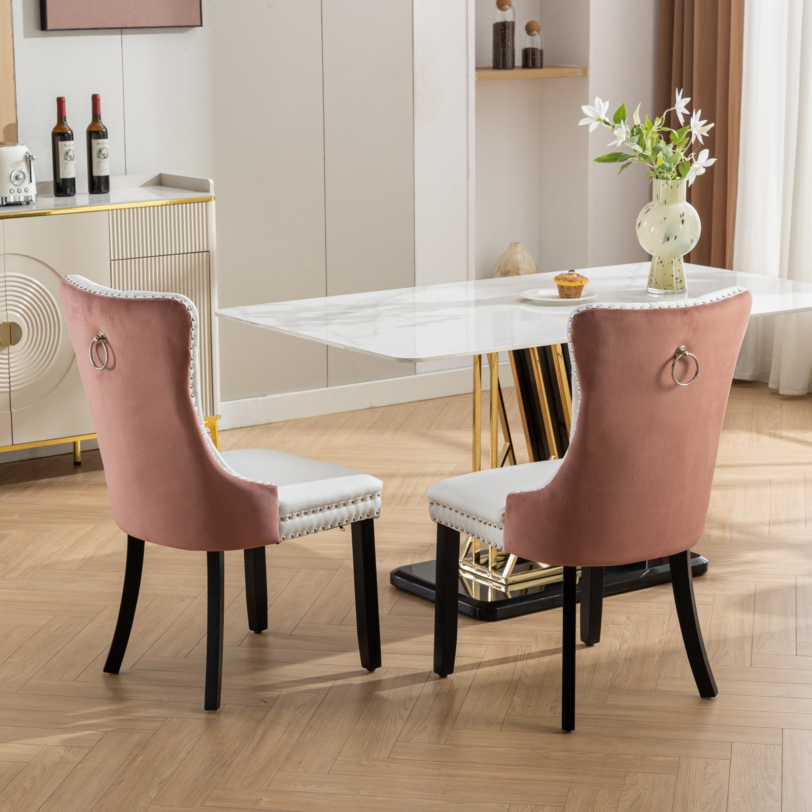 Nikki Collection Modern, High End Tufted Solid Wood Contemporary Pu And Velvet Upholstered Dining Chair With Wood Legs Trim 2 Pcs Set, White Pink, Sw2101Wp White Pink Dining Room American Design Foam Pu Leather