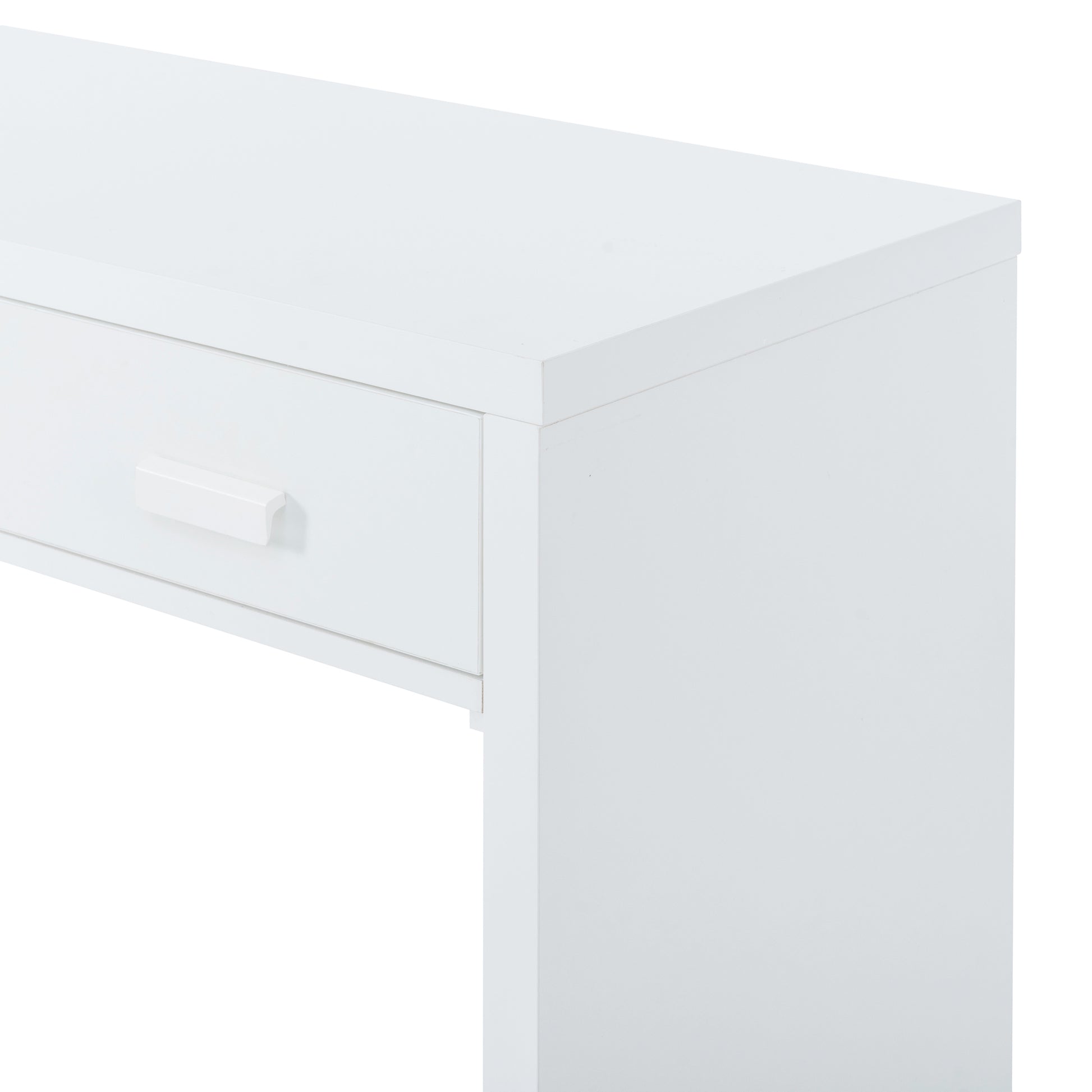 Modern Minimalist Console Table With Open Tabletop And Four Drawers With Metal Handles For Entry Way, Living Room And Dining Room White White Mdf