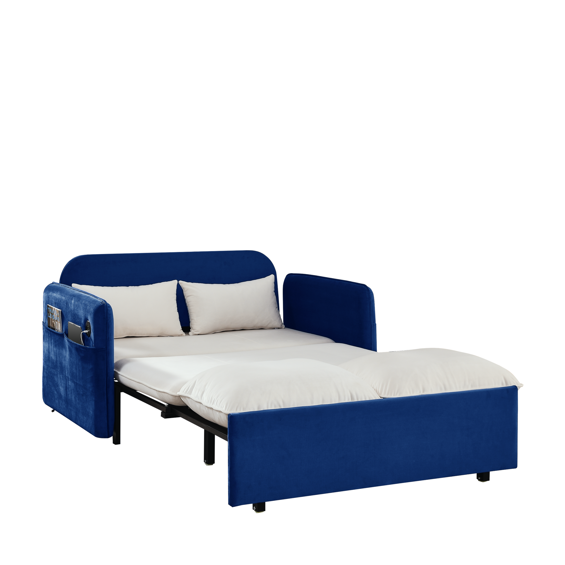 53" Modern Convertible Sofa Bed W 2 Removable Armrests W Usb Power Port, Velvet Recliner Adjustable Sofa W Head Pull Out Bed, 2 Pillows, For Living Room Apartment Etc., White Blue Beige Blue Foam Velvet