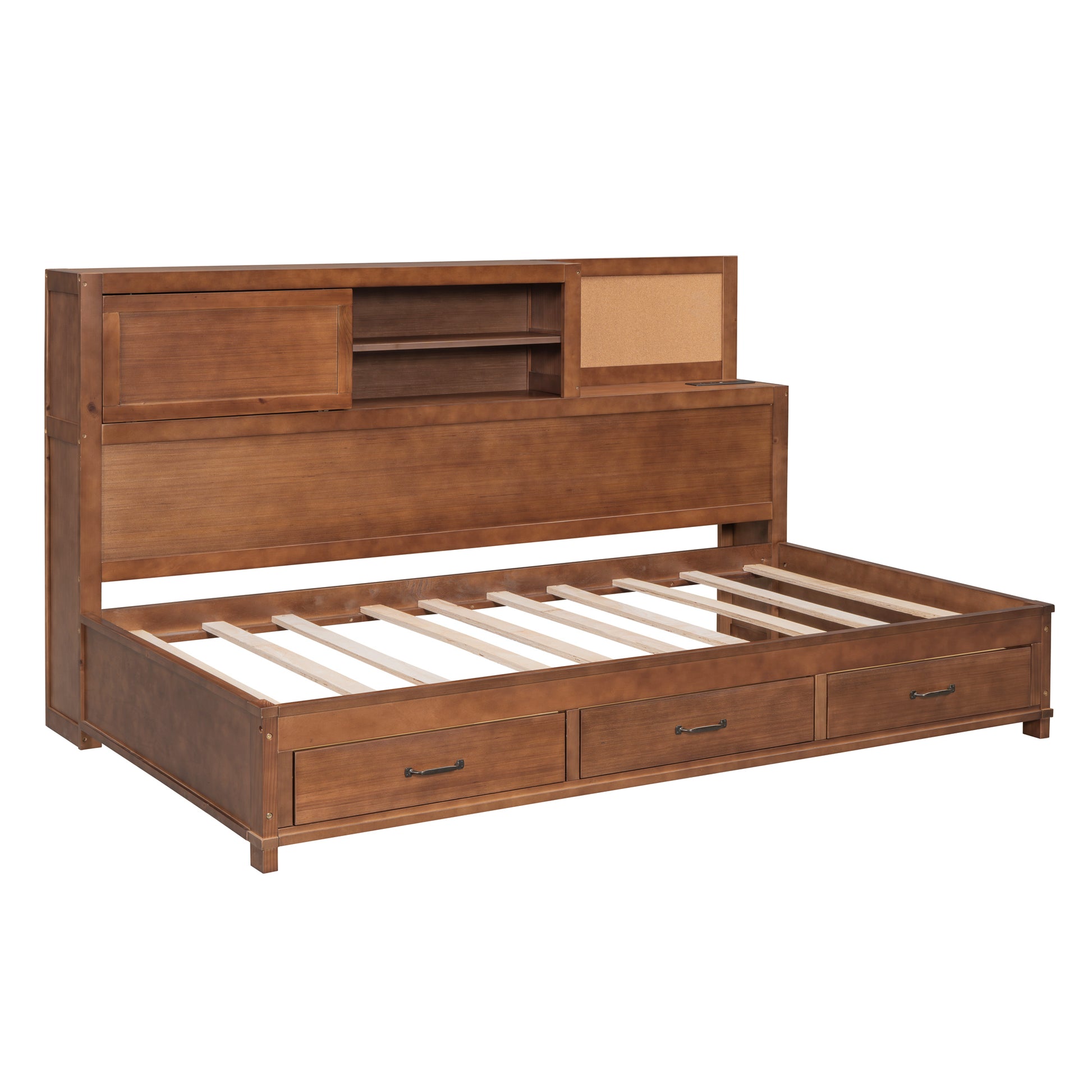 Twin Size Wooden Daybed With 3 Storage Drawers, Upper Soft Board, Shelf, And A Set Of Sockets And Usb Ports, Brown Brown Solid Wood Mdf