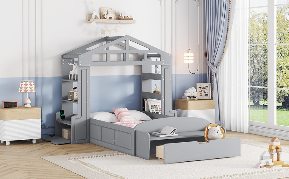 Twin Size House Bed With Bench, Socket And Shelves, Gray Gray Solid Wood Mdf