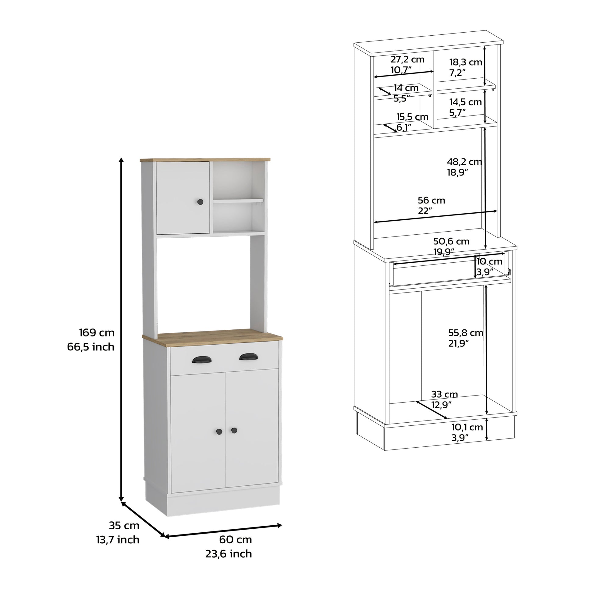 Kitchen Pantry 67" H, Two Cabinets, Three Doors, Two Open Shelves, One Drawer, Microwave Storage Option, White Macadamia Multicolor Contemporary,Modern Pine Particle Board Engineered Wood