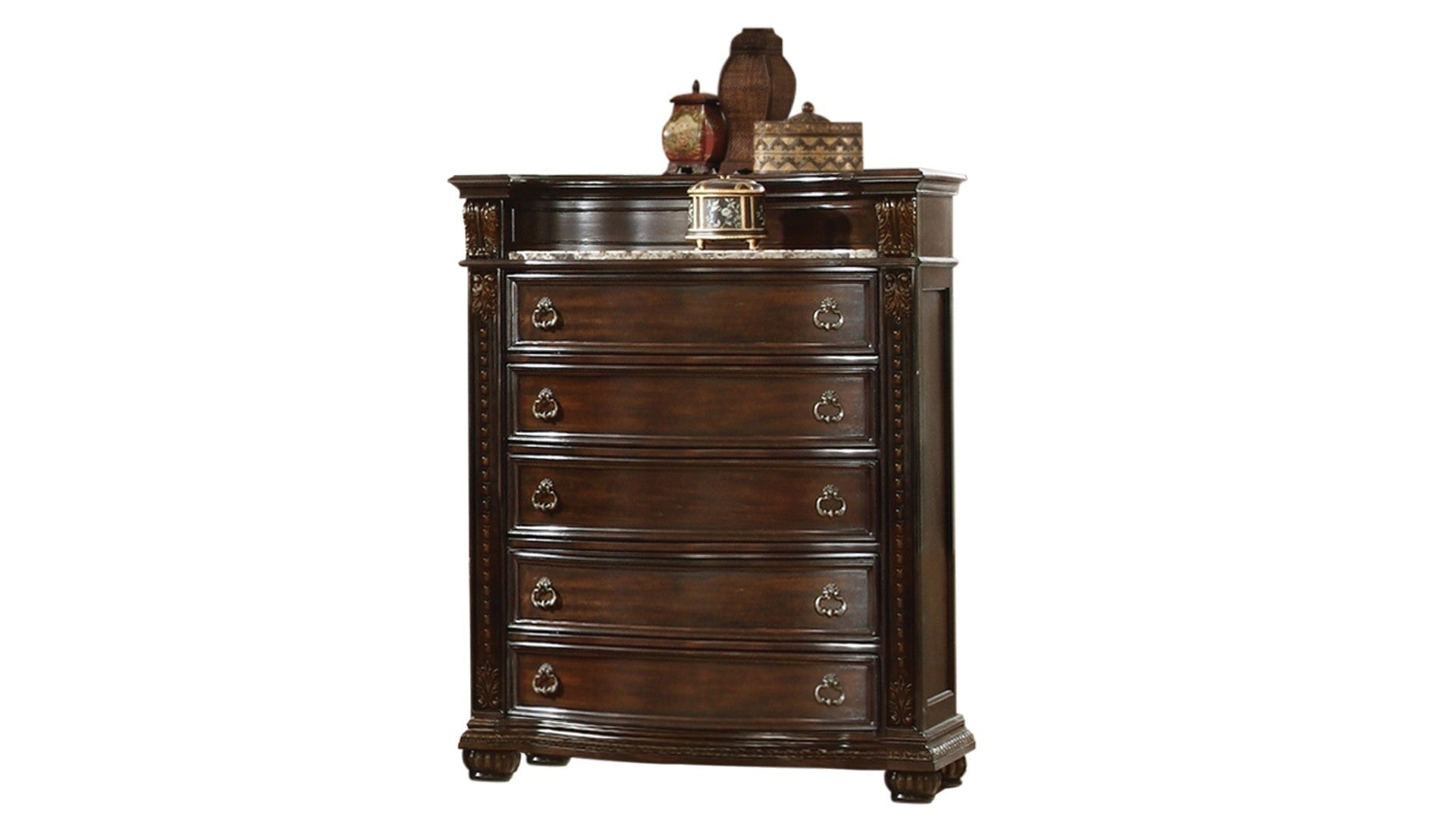 Roma Traditional Style 5 Drawer Chest With Metal Handle Pulls Made With Wood In Dark Walnut Dark Brown Bedroom Traditional Solid Wood Mdf Wood