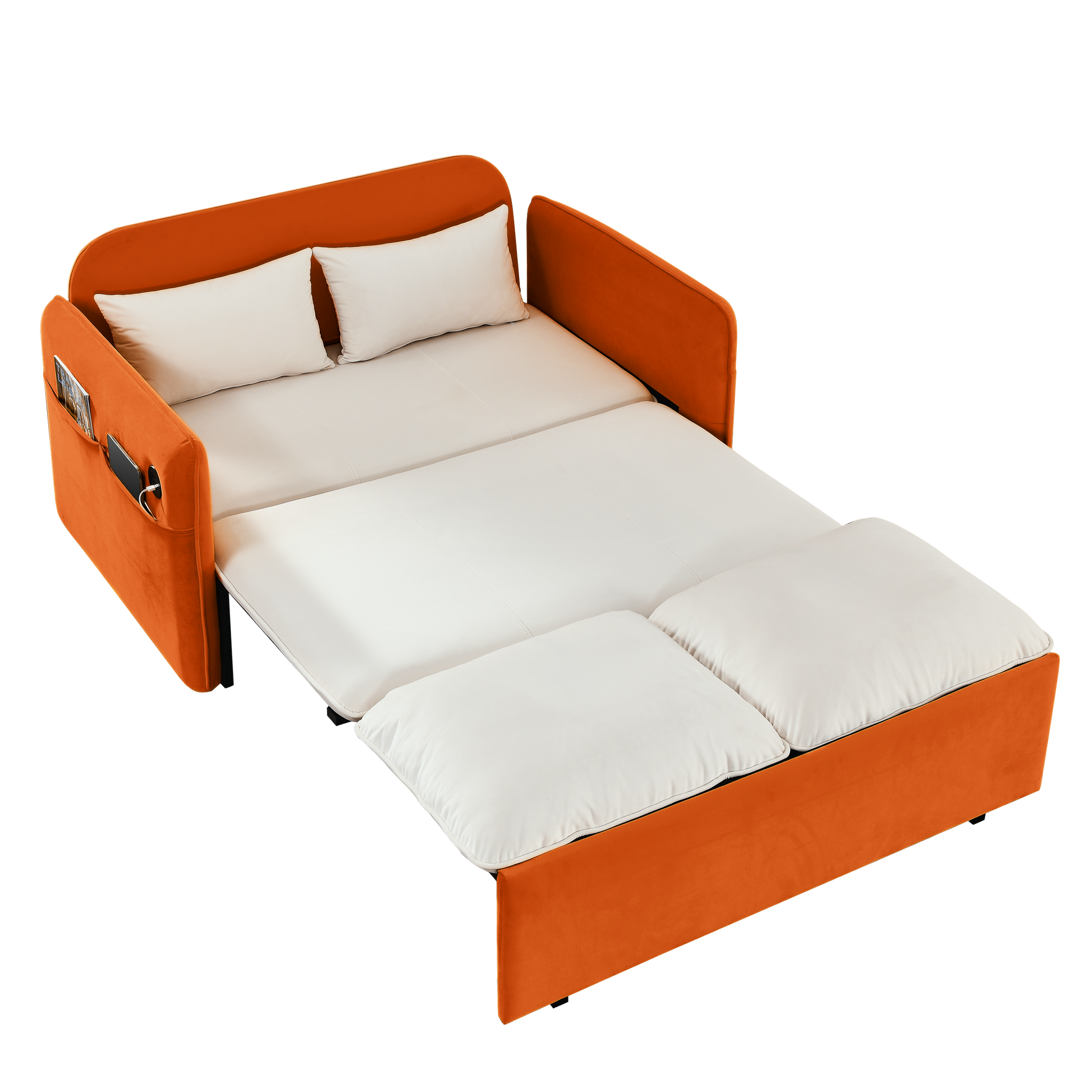53" Modern Convertible Sofa Bed W 2 Removable Armrests W Usb Power Port, Velvet Recliner Adjustable Sofa W Head Pull Out Bed, 2 Pillows, For Living Room Apartment Etc., White Orange Beige Foam Velvet