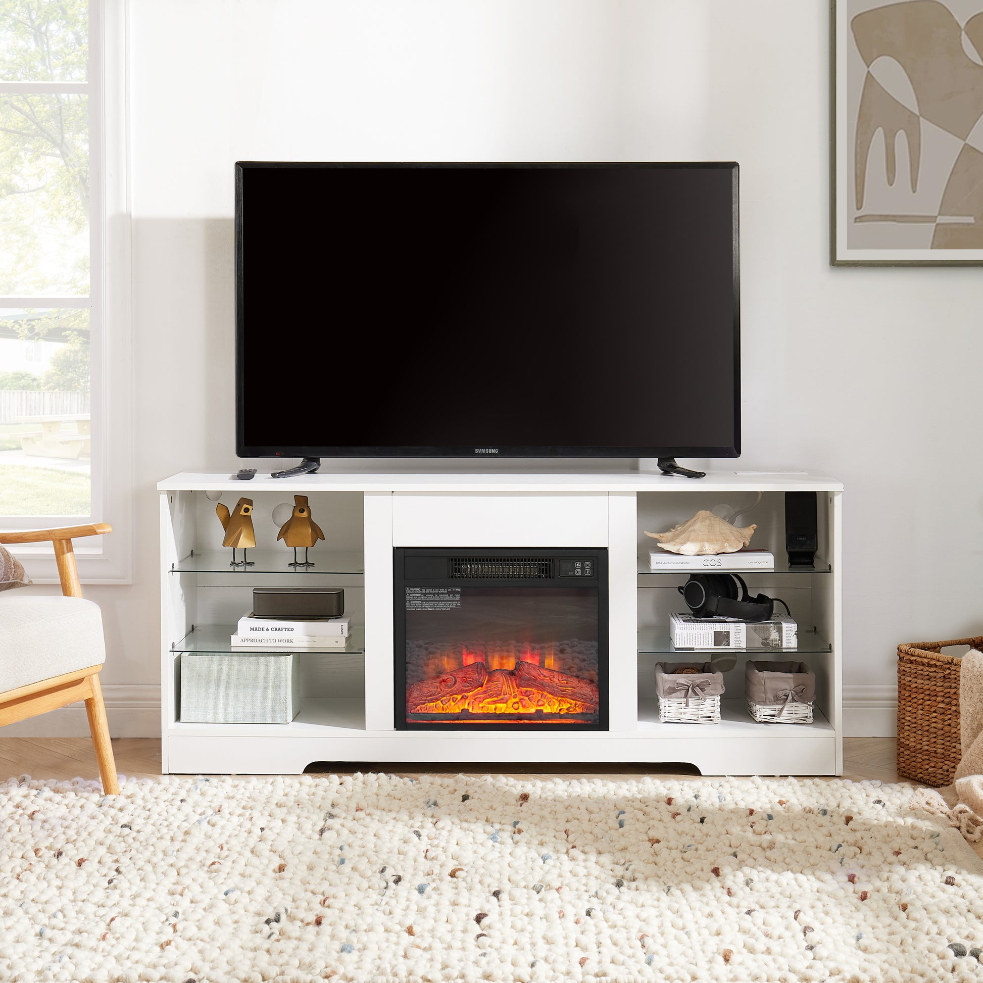 Tv Stand Electric Fireplace Tv Stand With Glass Shelves, 3D Fireplace Tv Stand With Led Lights Wood With Usb Charging Outlet Modern Television Table Center For Tv Up To 32 62" White 58''W*15.5''D*24.4 White 50 59 Inches Mdf