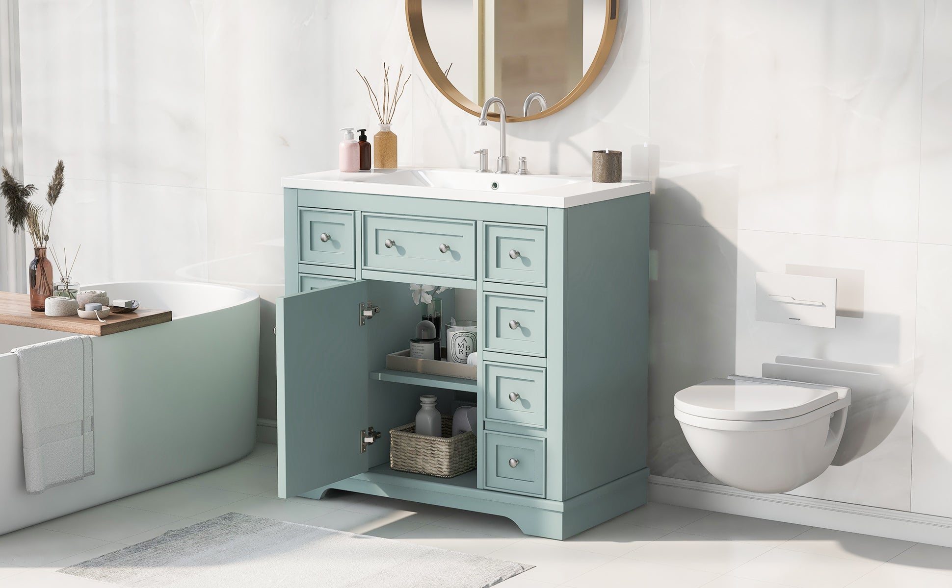 36" Bathroom Vanity With Sink Combo, One Cabinet And Six Drawers, Solid Wood And Mdf Board, Green Green Solid Wood Mdf