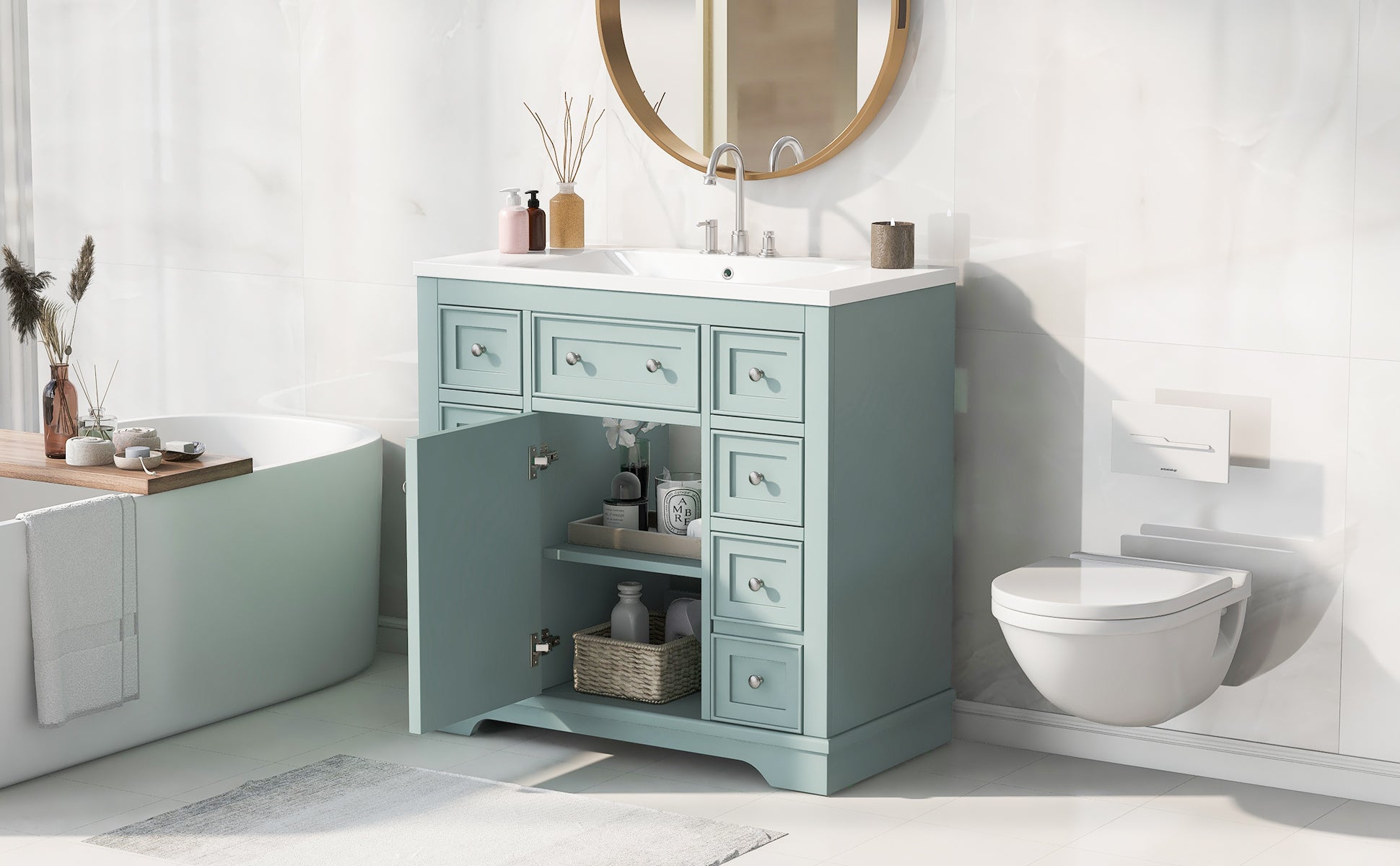 36" Bathroom Vanity With Sink Combo, One Cabinet And Six Drawers, Solid Wood And Mdf Board, Green Old Sku:Sy999404Aag Green Solid Wood Mdf