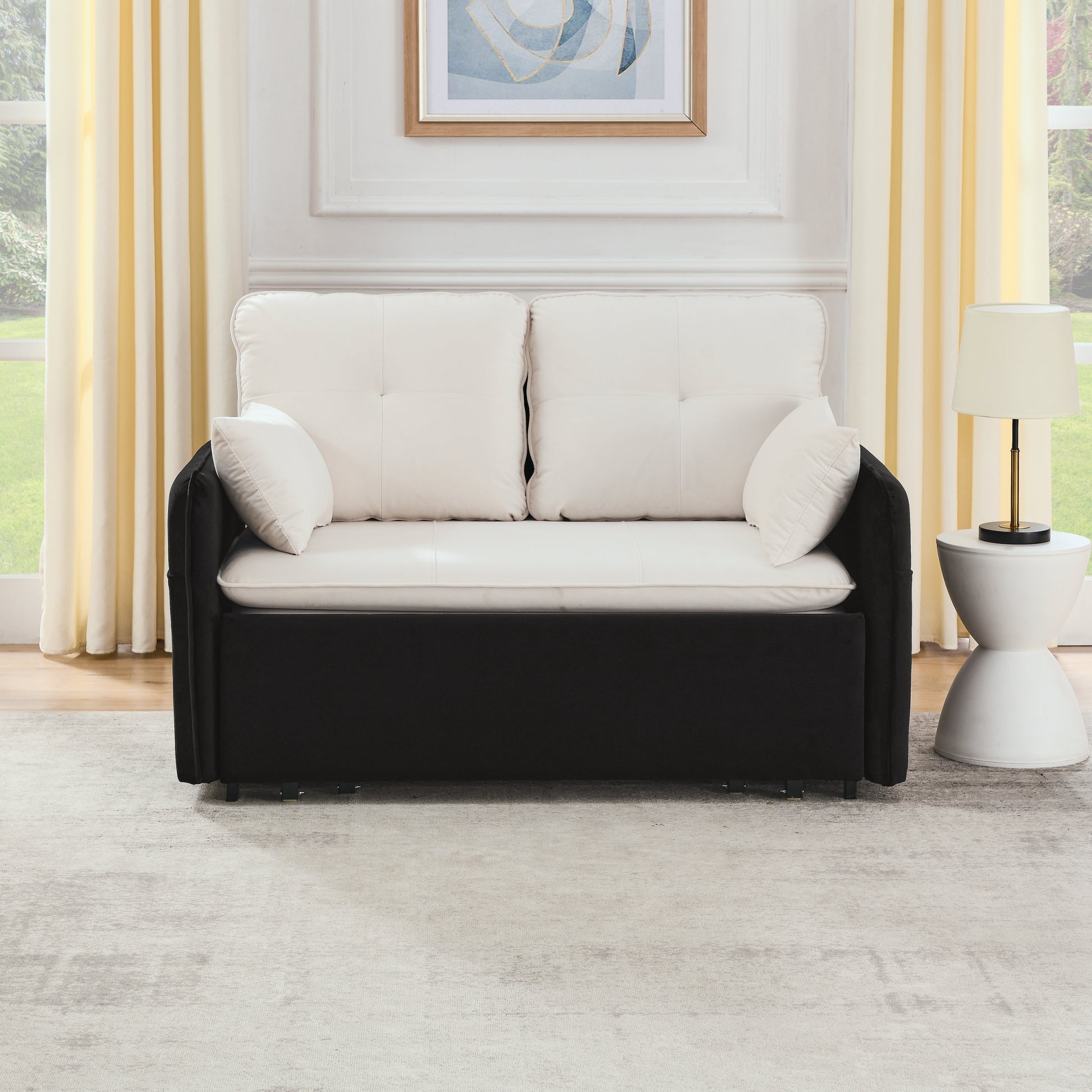 53" Modern Convertible Sofa Bed W 2 Removable Armrests W Usb Power Port, Velvet Recliner Adjustable Sofa W Head Pull Out Bed, 2 Pillows, For Living Room Apartment Etc., White Black Beige Black Foam Velvet