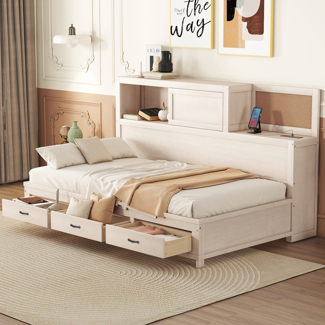 Twin Size Wooden Daybed With 3 Storage Drawers, Upper Soft Board, Shelf, And A Set Of Sockets And Usb Ports, White White Solid Wood Mdf