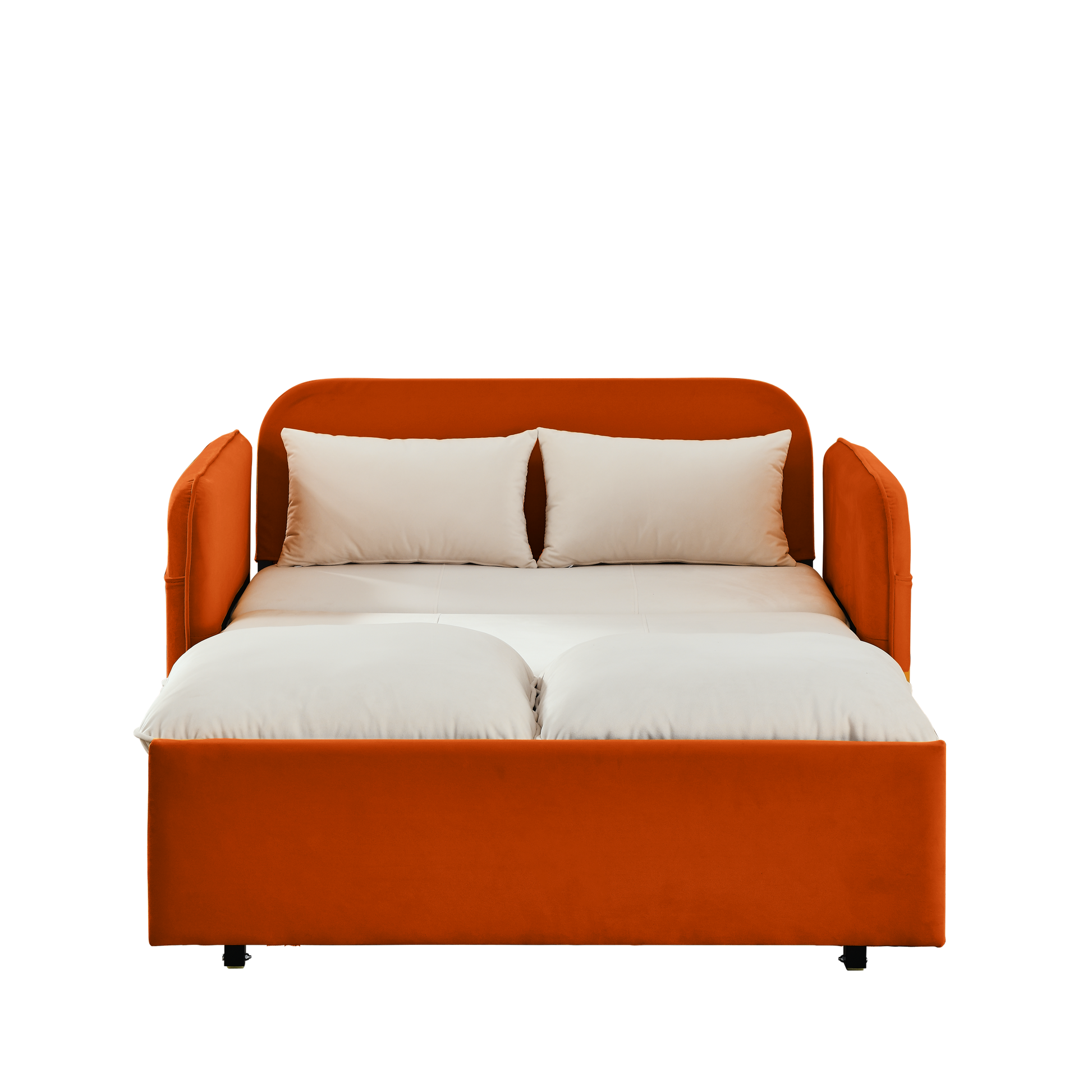 53" Modern Convertible Sofa Bed W 2 Removable Armrests W Usb Power Port, Velvet Recliner Adjustable Sofa W Head Pull Out Bed, 2 Pillows, For Living Room Apartment Etc., White Orange Beige Foam Velvet