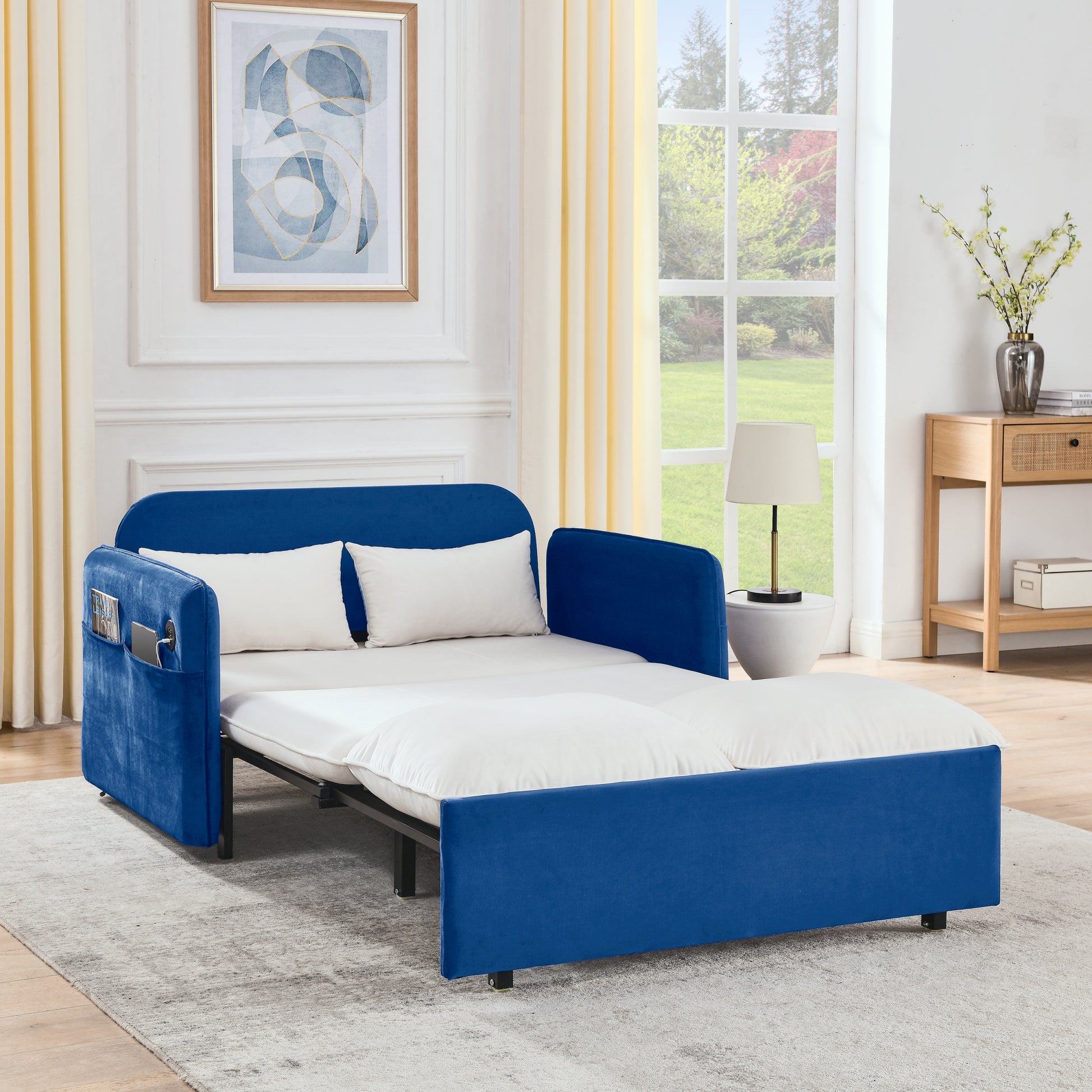 53" Modern Convertible Sofa Bed W 2 Removable Armrests W Usb Power Port, Velvet Recliner Adjustable Sofa W Head Pull Out Bed, 2 Pillows, For Living Room Apartment Etc., White Blue Beige Blue Foam Velvet