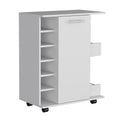 White 4 Wheel Bar Cart Cabinet For Kitchen Or Living Room, With 6 Side Built In Bottle Racks, 1 Interior Shelve, 2 Side Shelves, 2 Space With Wood Door To Store Glasses, Cups, Coffee Or Snacks. White White Contemporary,Modern Particle Board Engineered