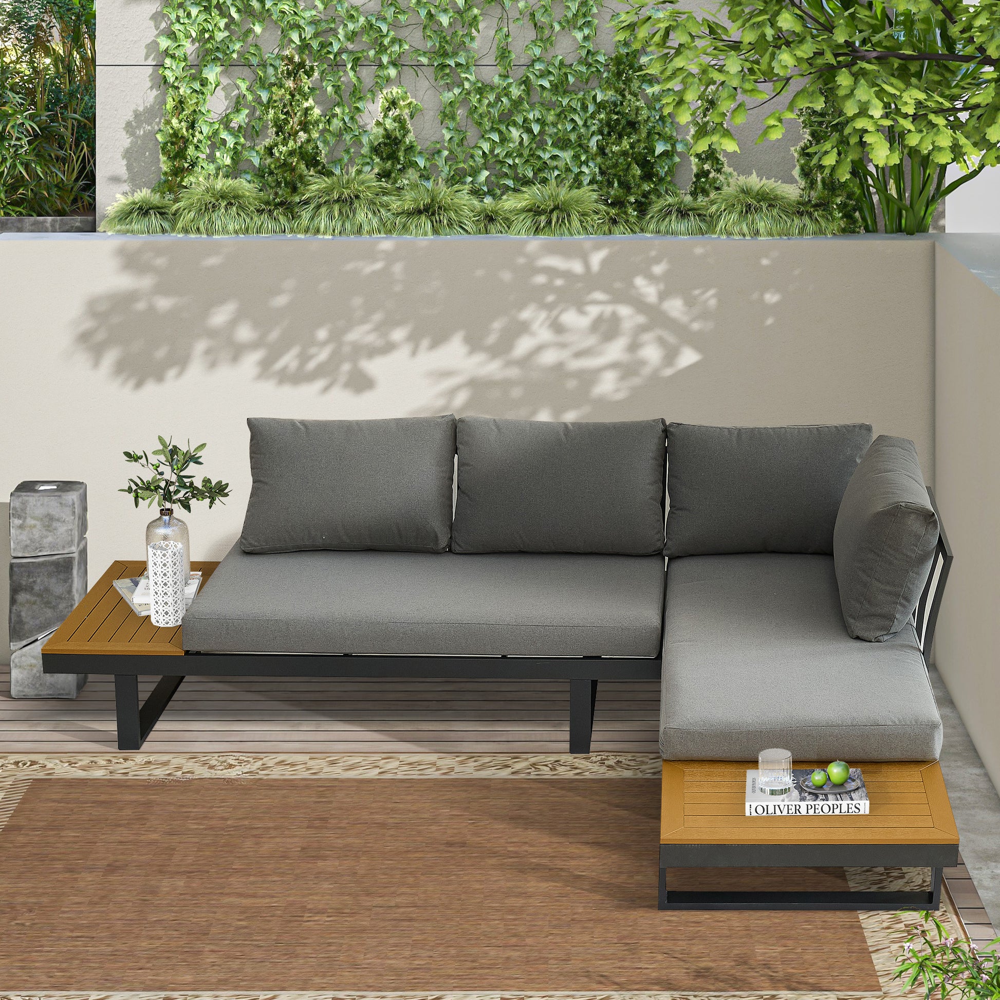 Aluminum Patio Furniture Set, Outdoor L Shaped Sectional Sofa With Plastic Wood Side Table And Soft Cushion For Backyard Poolside Gray Yellow Aluminum