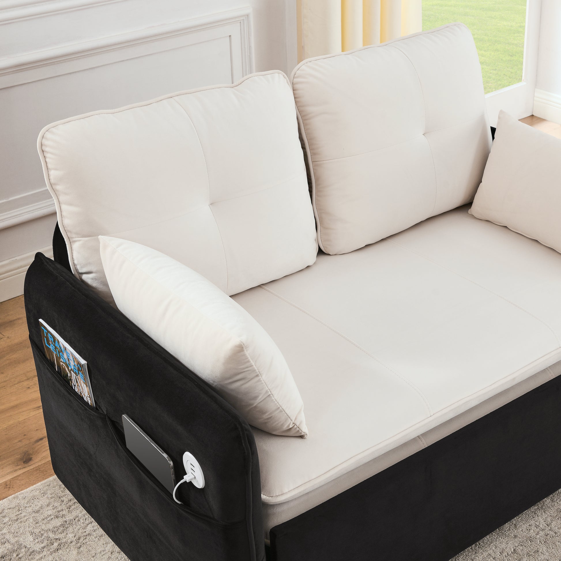 53" Modern Convertible Sofa Bed W 2 Removable Armrests W Usb Power Port, Velvet Recliner Adjustable Sofa W Head Pull Out Bed, 2 Pillows, For Living Room Apartment Etc., White Black Beige Black Foam Velvet