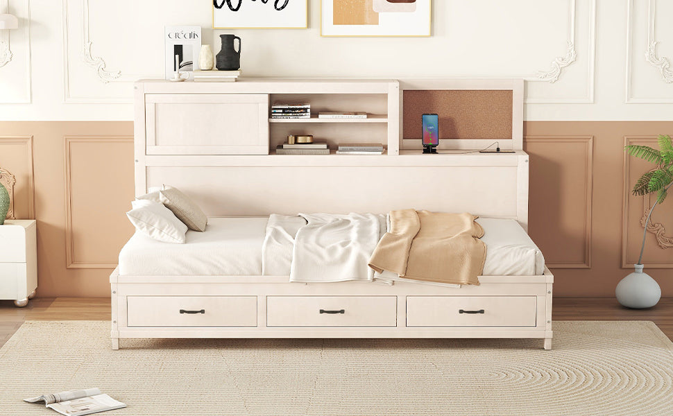 Twin Size Wooden Daybed With 3 Storage Drawers, Upper Soft Board, Shelf, And A Set Of Sockets And Usb Ports, White White Solid Wood Mdf