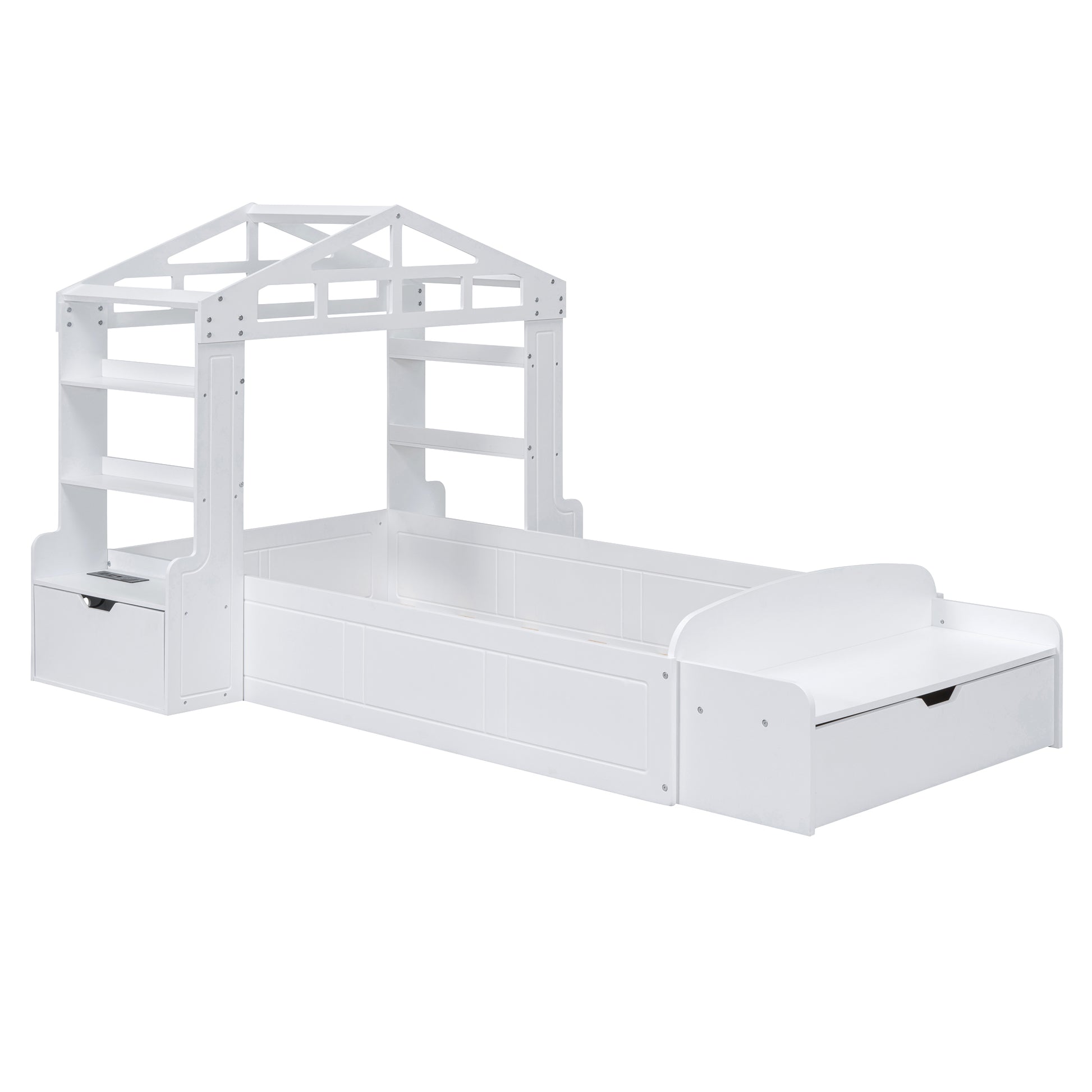 Twin Size House Bed With Bench, Socket And Shelves, White White Solid Wood Mdf