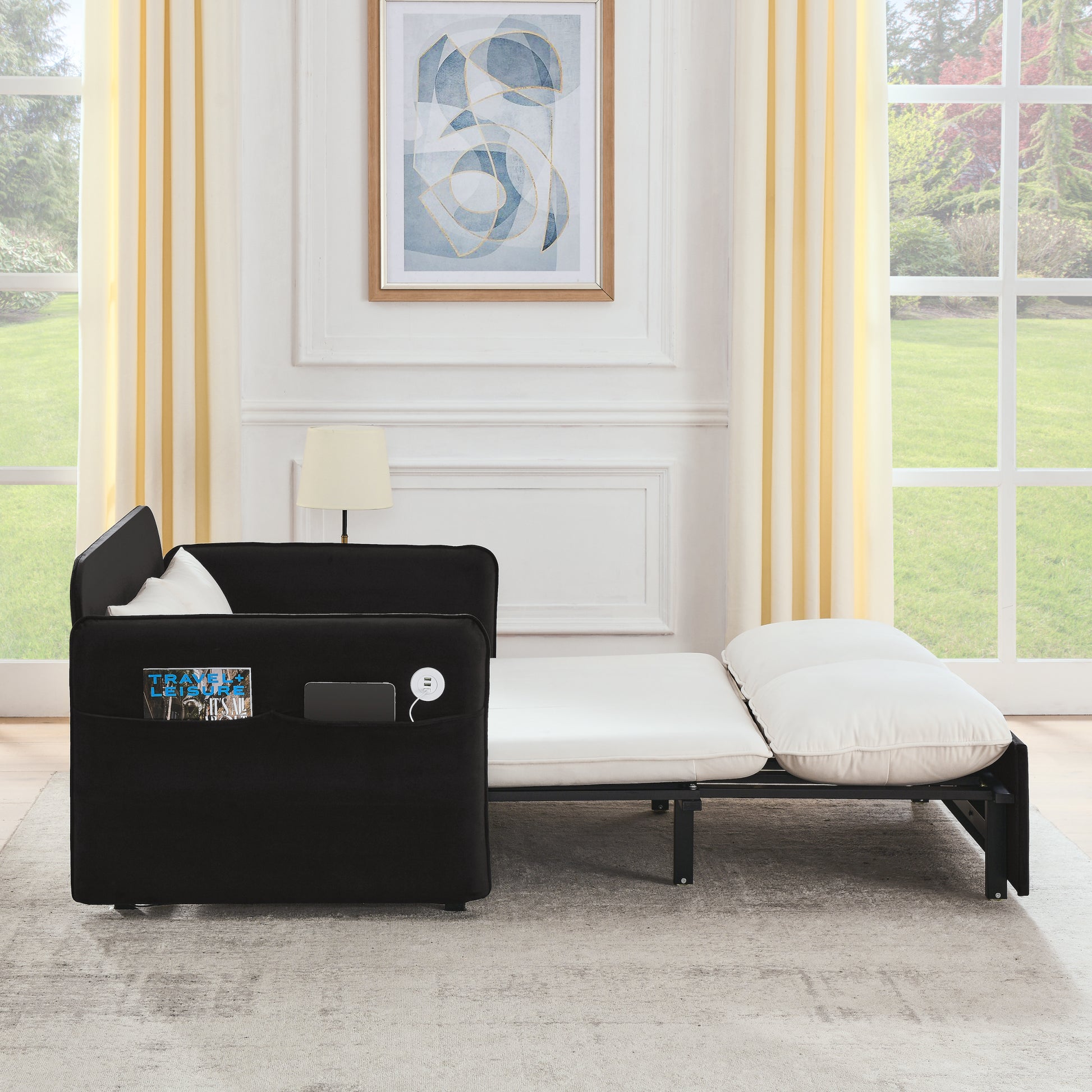 53" Modern Convertible Sofa Bed W 2 Removable Armrests W Usb Power Port, Velvet Recliner Adjustable Sofa W Head Pull Out Bed, 2 Pillows, For Living Room Apartment Etc., White Black Beige Black Foam Velvet
