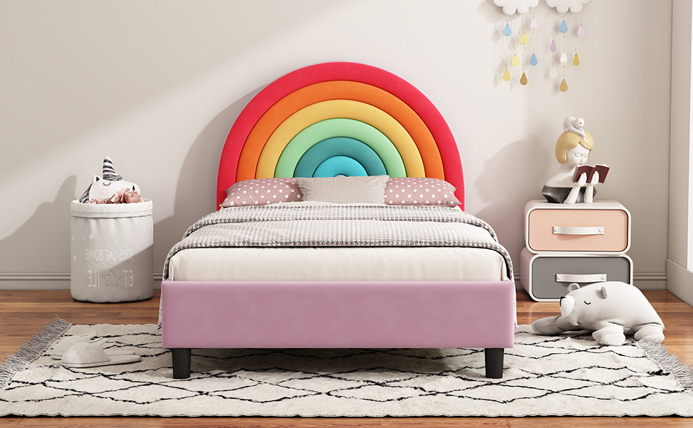 Rainbow Design Upholstered Twin Platform Bed Cute Style Princess Bed For Boys & Girls, Teens, Colorful & Pink Box Spring Not Required Twin Colorful Wood Bed Frame Velvet Velvet