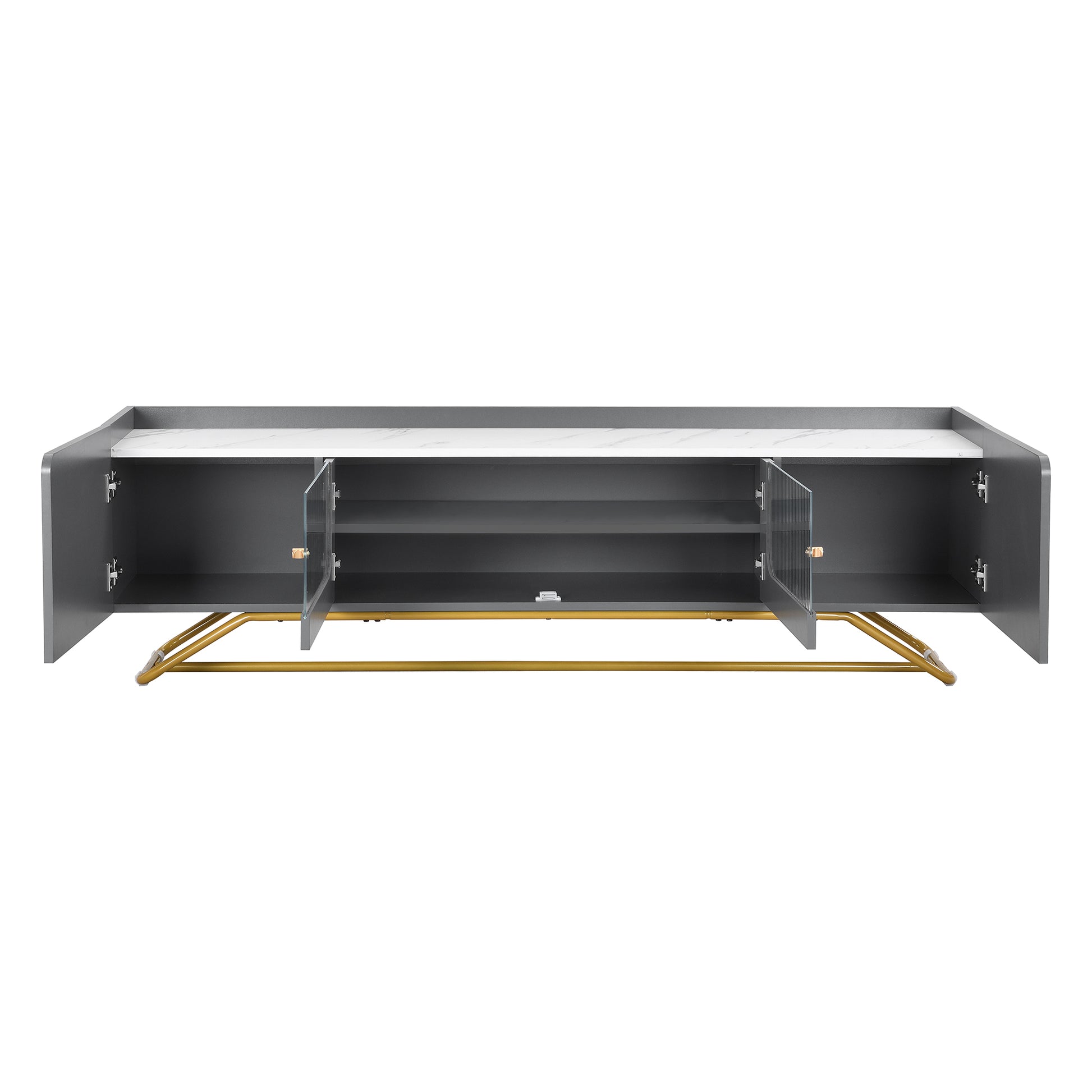 Sleek Design Tv Stand With Fluted Glass, Contemporary Entertainment Center For Tvs Up To 70", Faux Marble Top Tv Console Table With Gold Frame Base, Grey Grey Primary Living Space 70 79 Inches 70 79 Inches Modern 70 Inches Particle Board