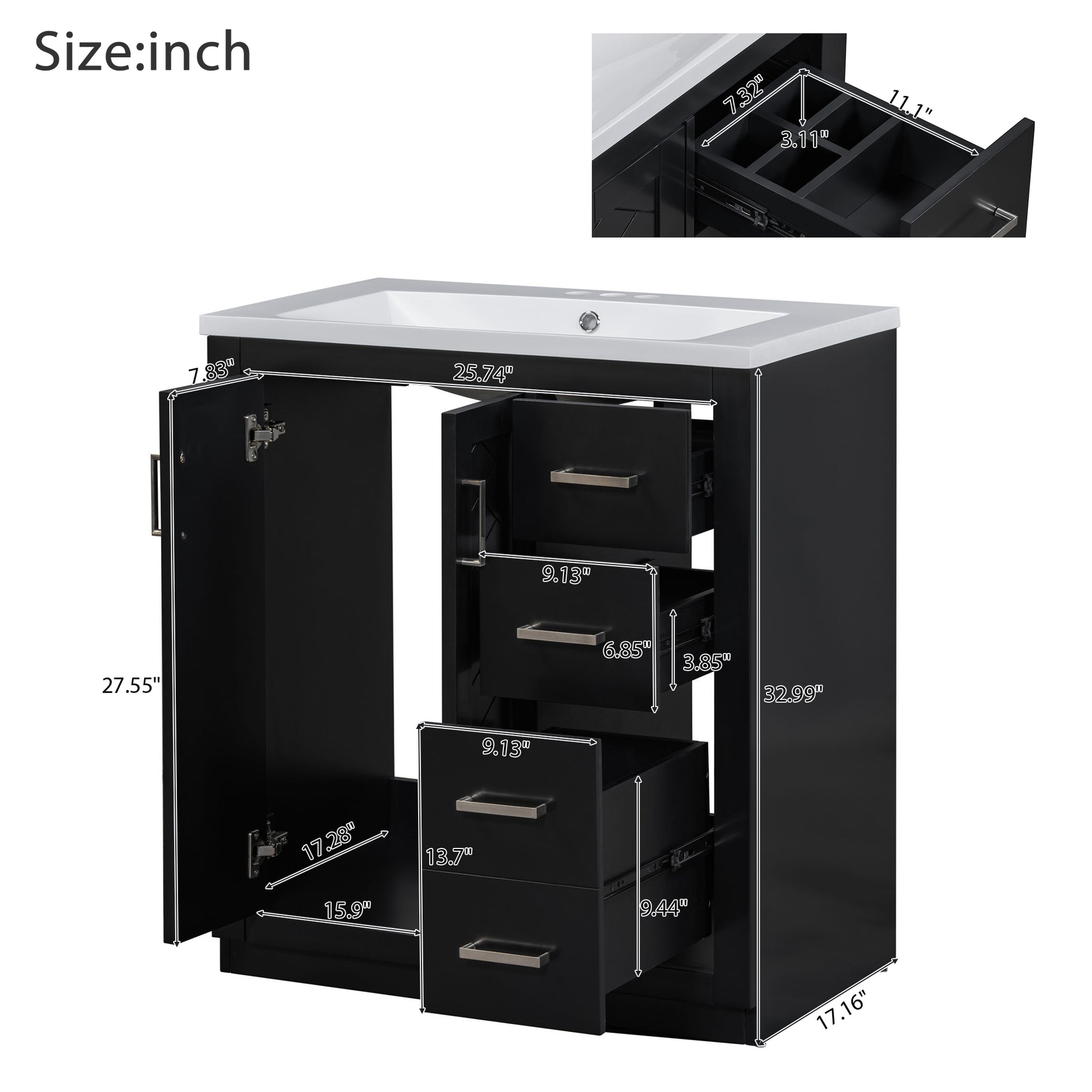 30'' Bathroom Vanity With Resin Sink Combo,Solid Wood Frame Bathroom Storage Cabinet, Freestanding Vanity Set With 3 Drawers& Soft Closing Doors Same As Sw000120Aab Black Bathroom Solid Wood Mdf