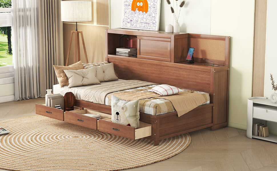 Twin Size Wooden Daybed With 3 Storage Drawers, Upper Soft Board, Shelf, And A Set Of Sockets And Usb Ports, Brown Brown Solid Wood Mdf