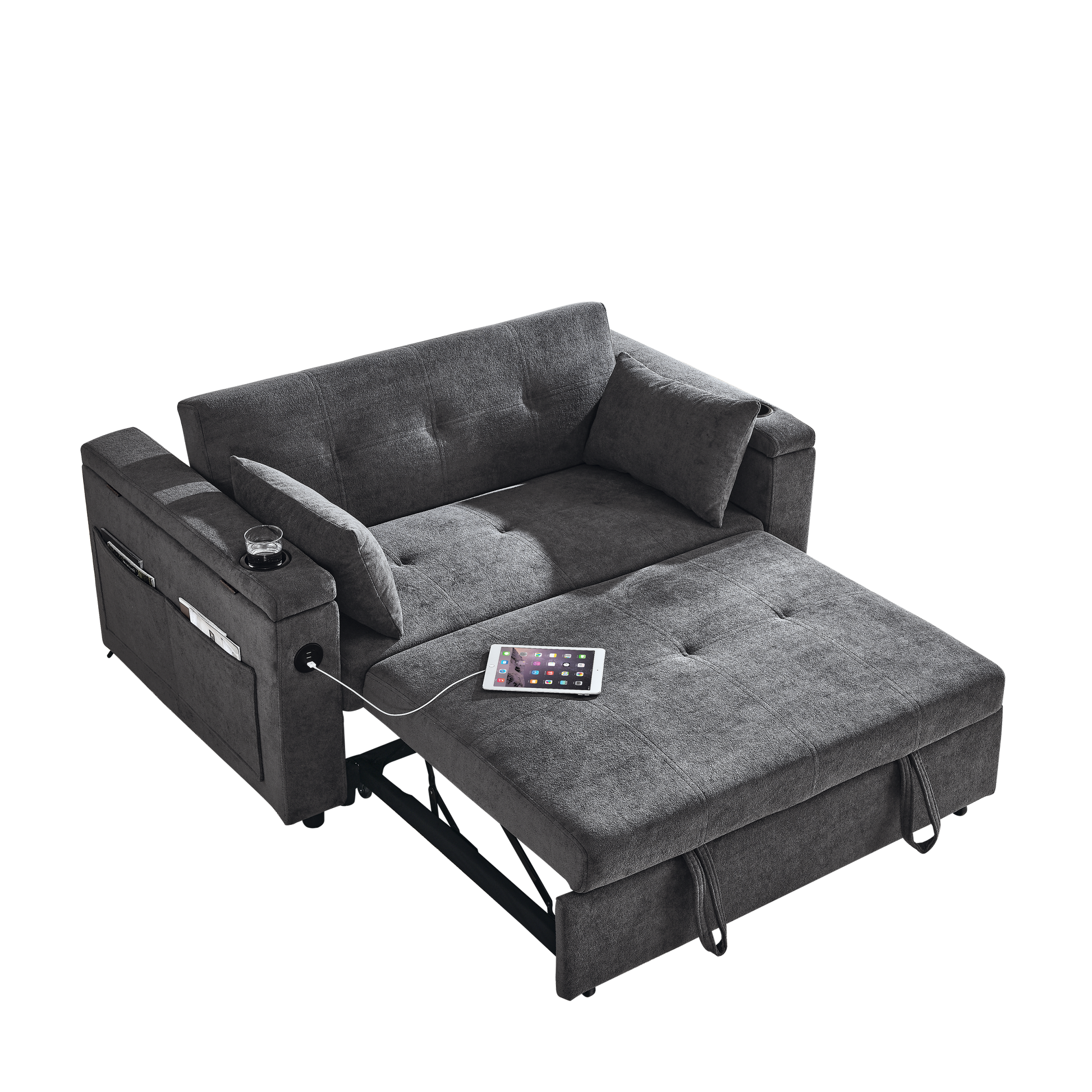 54" Pull Out Sleeper Sofa Bed Double Seat Recliner Sofa Bed With Armrests With Storage And Side Pockets, Adjustable Backrest And Lumbar Pillow For Apartments, Living Rooms, Etc. With Usb Power Outlet Grey Foam Chenille 2 Seat