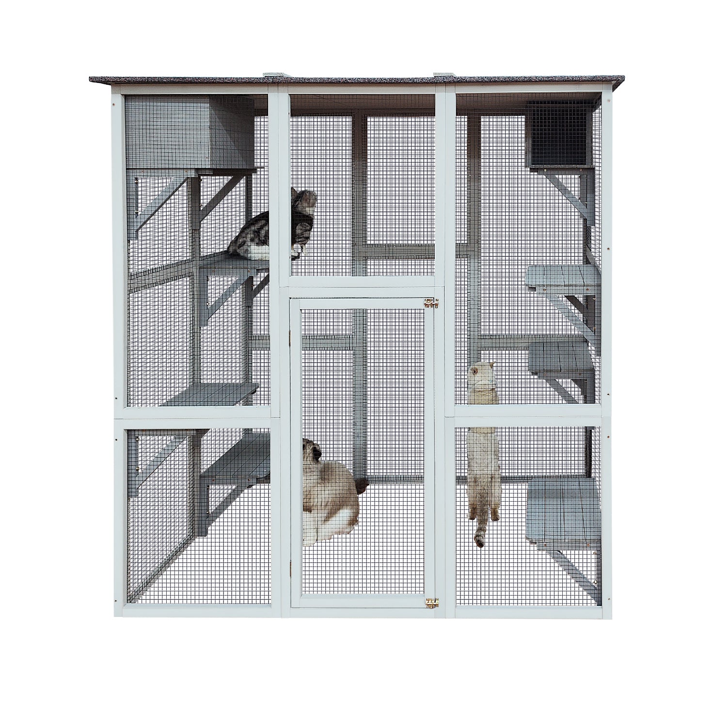 Wooden Catio Cat Enclosure, 71" Cat House Weatherproof Asphalt Roof, Large Solid Wood Cat Cage Playpen With 8 Jumping Platforms & 2 Napping Houses, Walk In Cat Kennel Condo Shelter Gray Wood