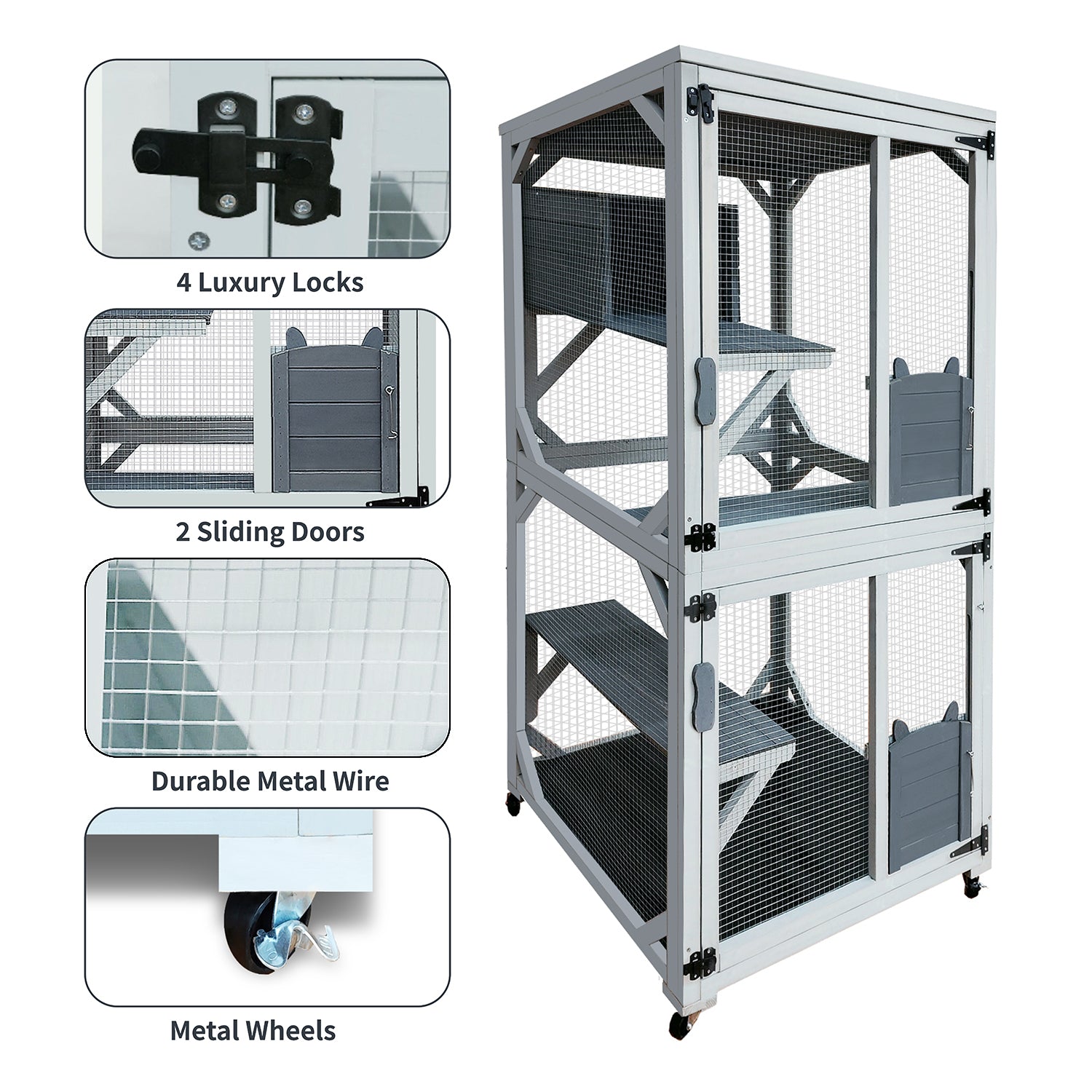 30.7" Wooden Catio Cat Enclosure, Luxury Cat House On Wheels With Napping House, 4 Platforms & Weatherproof Asphalt Roof, Large Kitty Cat Condo Cage Shelter Playpen With Sliding Doors Gray Wood