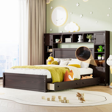 Queen Size Wooden Bed With All In One Cabinet, Shelf And Sockets, Espresso Espresso Solid Wood