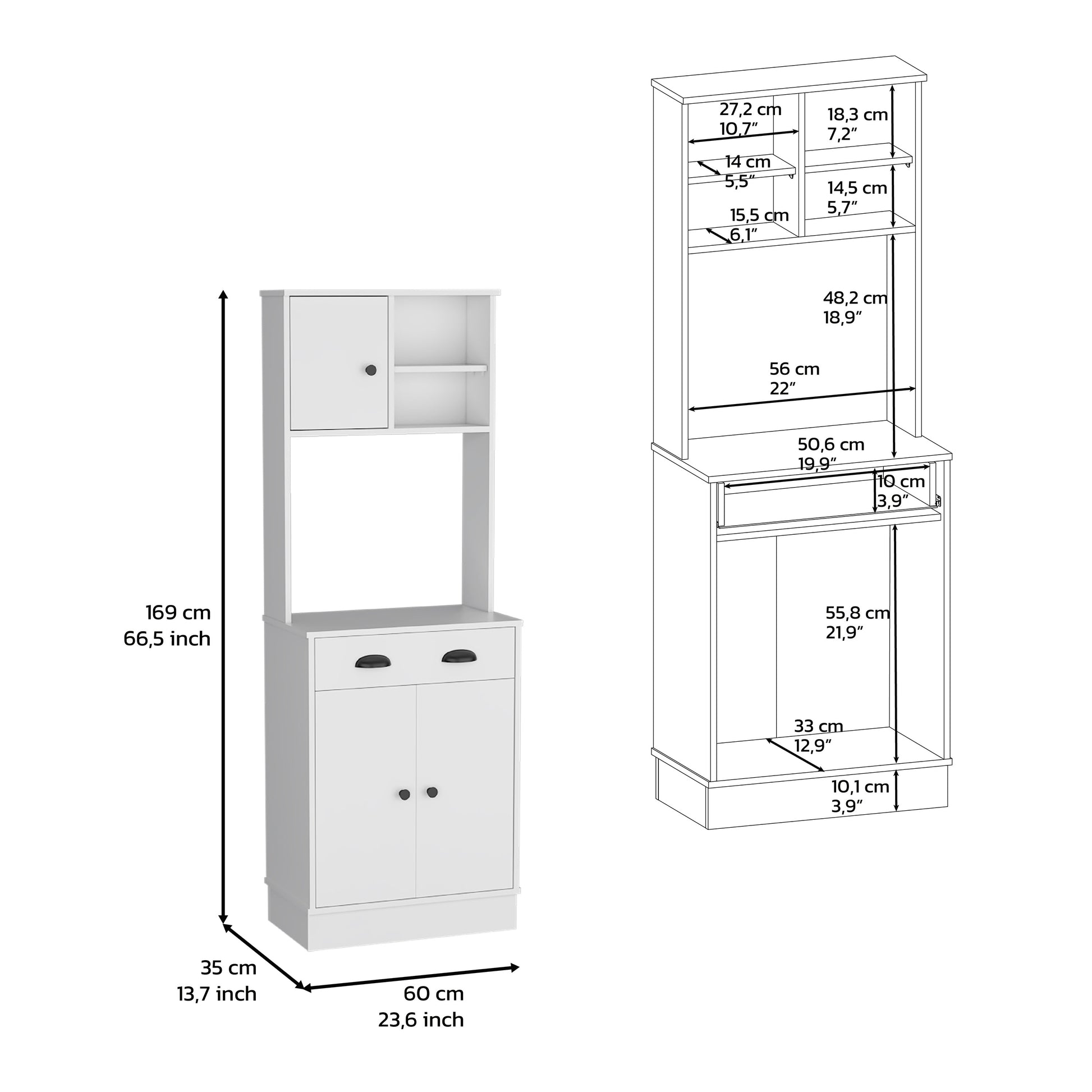 Kitchen Pantry 67" H, Two Cabinets, Three Doors, Two Open Shelves, One Drawer, Microwave Storage Option, White White White Contemporary,Modern Pine Particle Board Engineered Wood