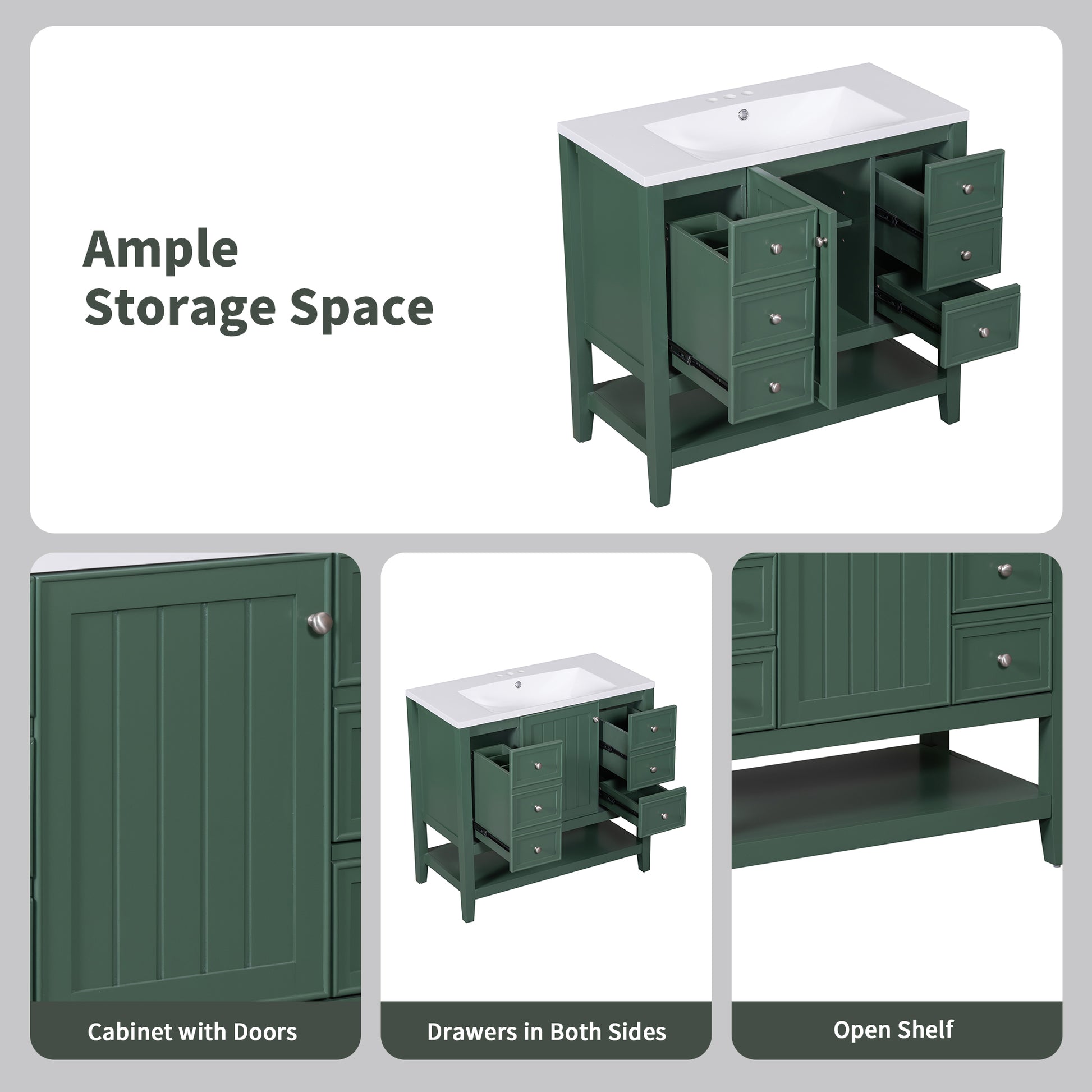 36" Bathroom Vanity With Sink Combo, One Cabinet And Three Drawers, Solid Wood And Mdf Board, Green Old Sku:Sy999505Aag Green Solid Wood Mdf