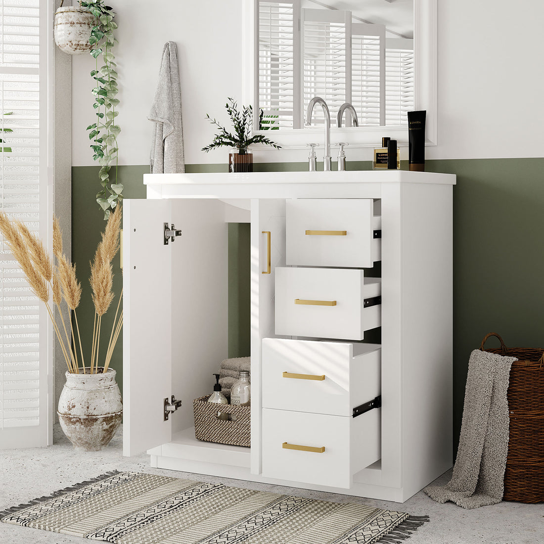 30'' Bathroom Vanity With Resin Sink Combo,Solid Wood Frame Bathroom Storage Cabinet, Freestanding Vanity Set With 3 Drawers& Soft Closing Doors 2 White 2 1 Adjustable Hinges Bathroom Freestanding Solid Wood Mdf Resin Painted