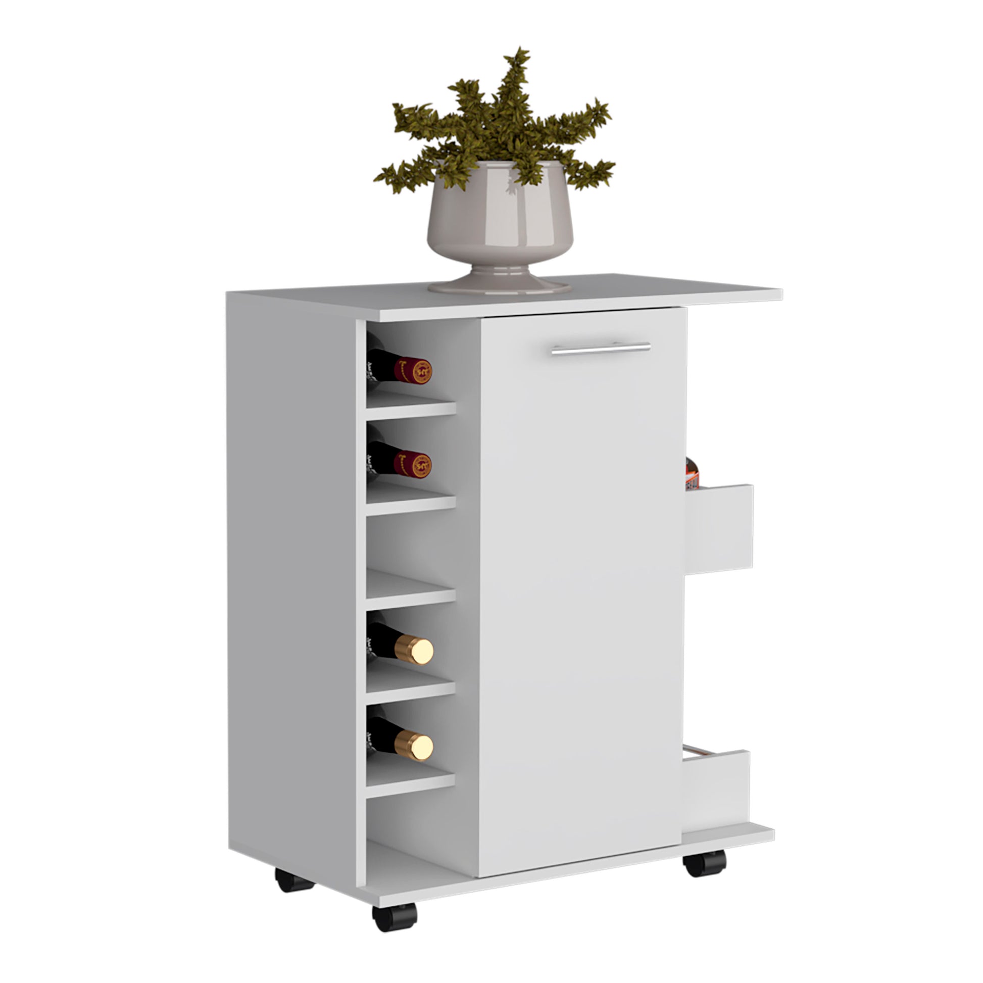 White 4 Wheel Bar Cart Cabinet For Kitchen Or Living Room, With 6 Side Built In Bottle Racks, 1 Interior Shelve, 2 Side Shelves, 2 Space With Wood Door To Store Glasses, Cups, Coffee Or Snacks. White White Contemporary,Modern Particle Board Engineered